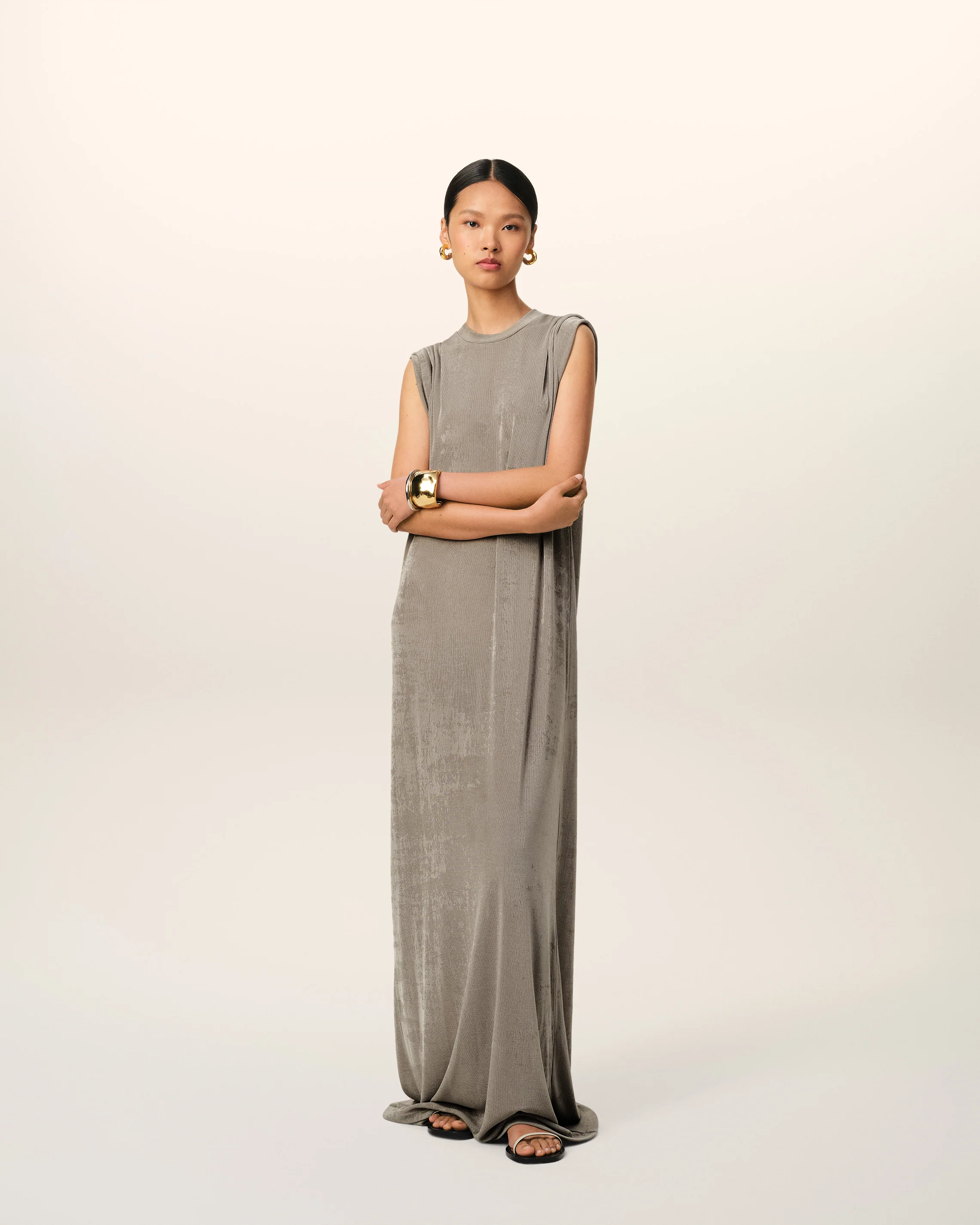 Beige Rib Jersey Short Sleeve Long Dress