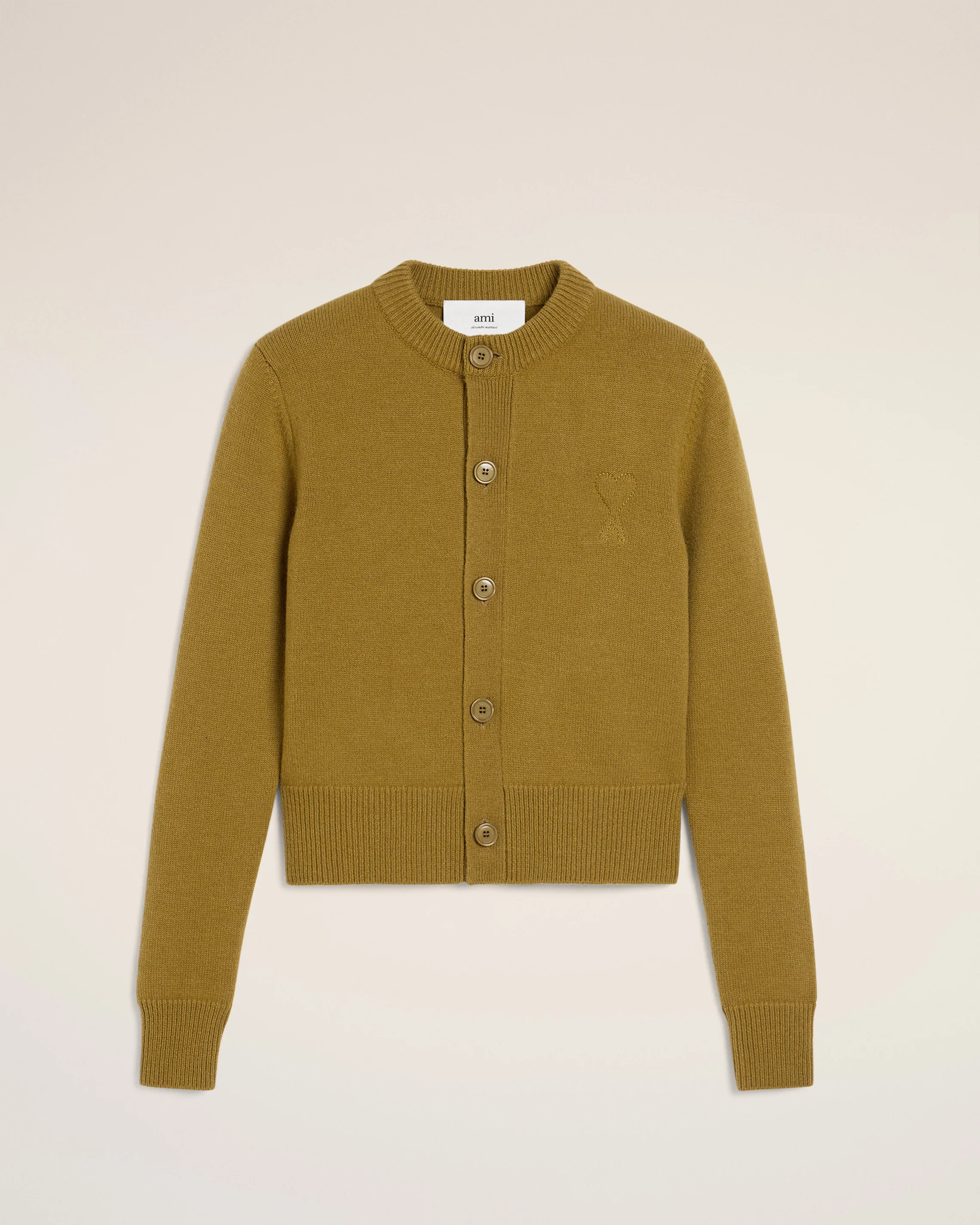 Khaki Wool Knit Ami de Coeur Crewneck Cardigan