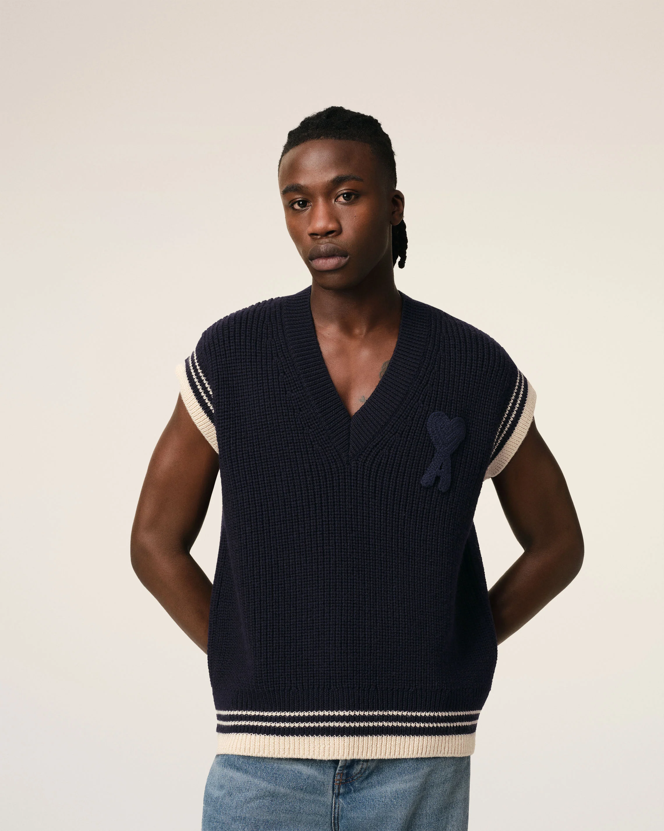 Navy Wool Ribbed Sleeveless V Neck Sweater