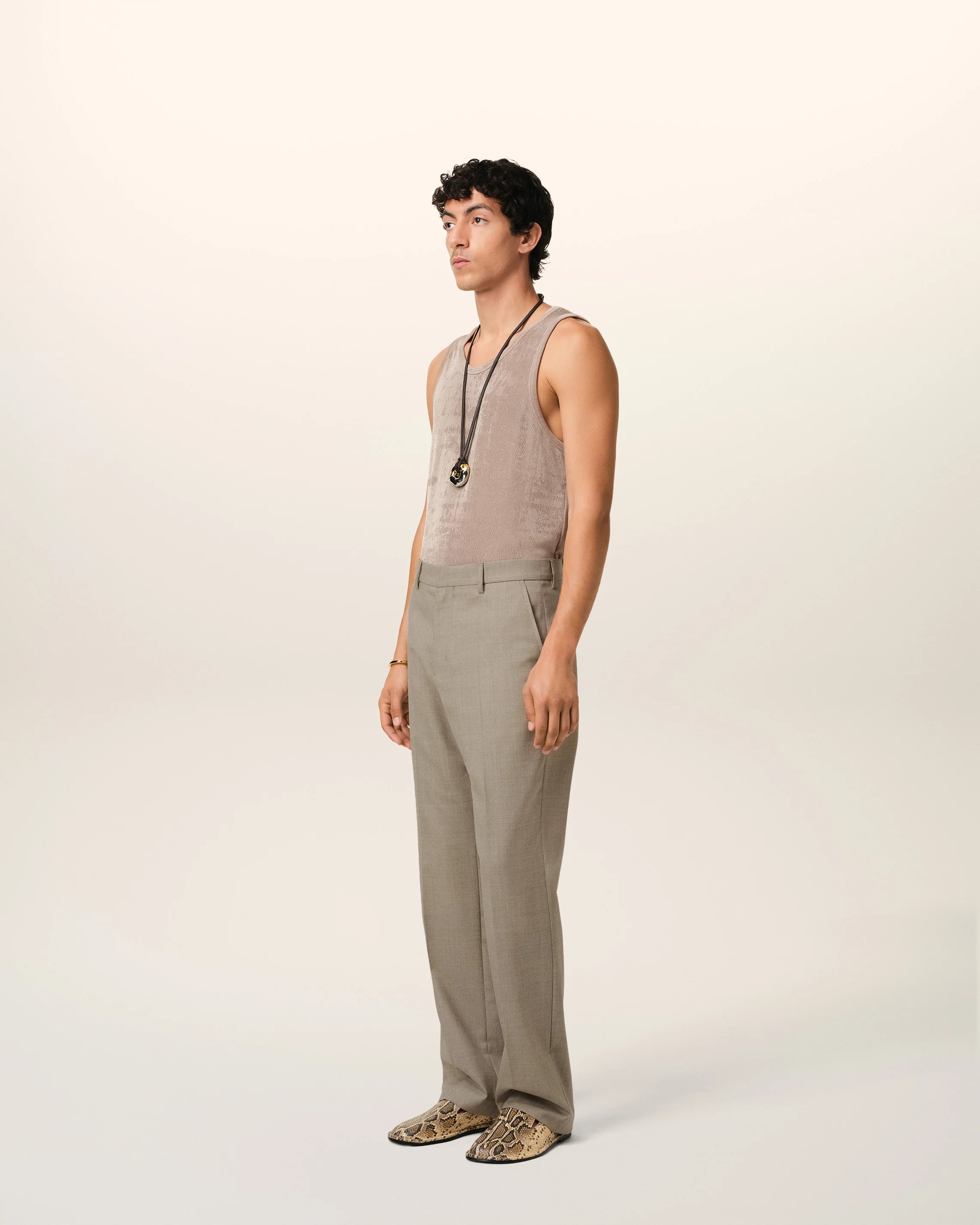 Beige Wool Straight Fit Trousers