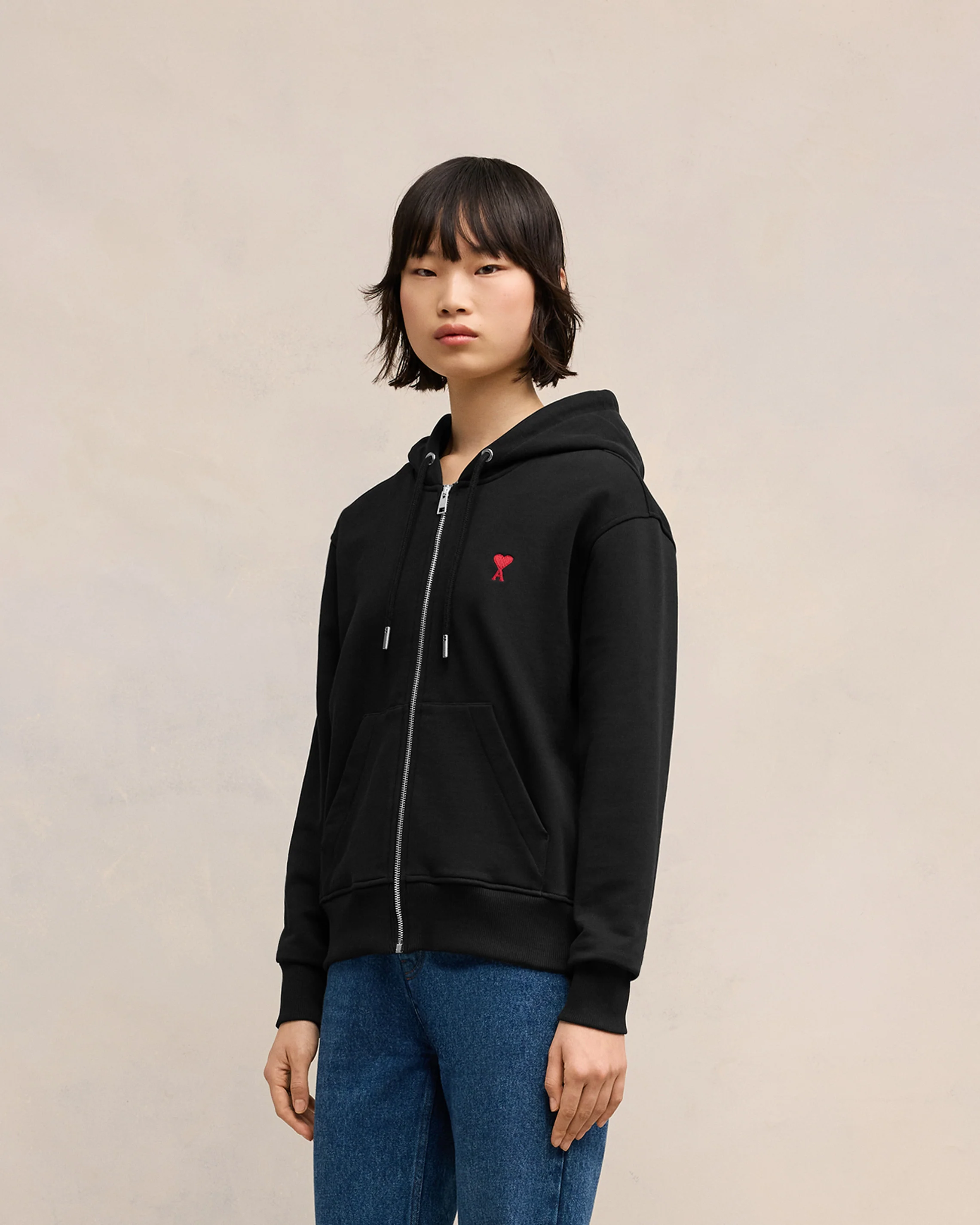 Black Cotton Ami de Coeur Zipped Hoodie