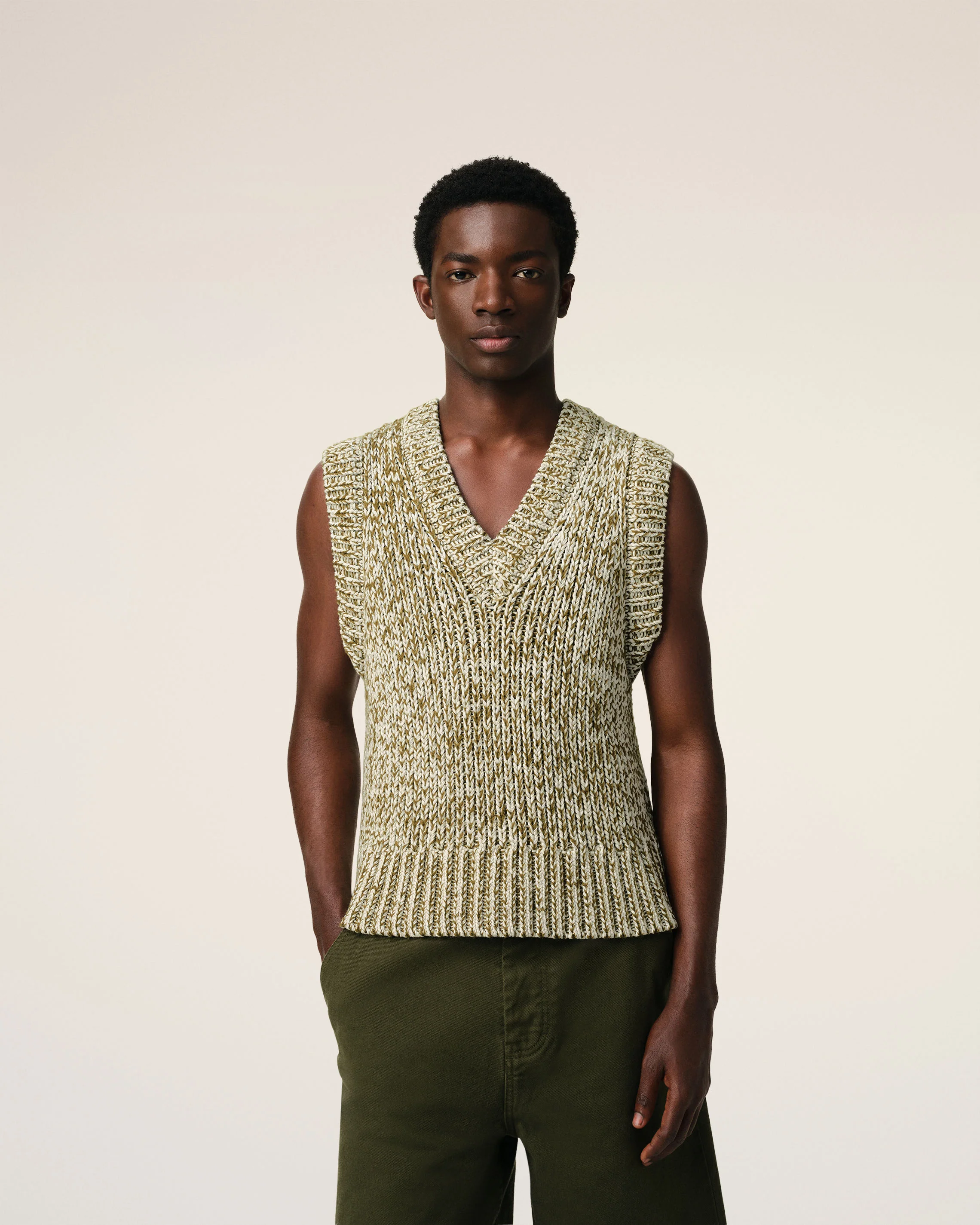 Green Cotton And Wool Sleeveless V Neck Sweater