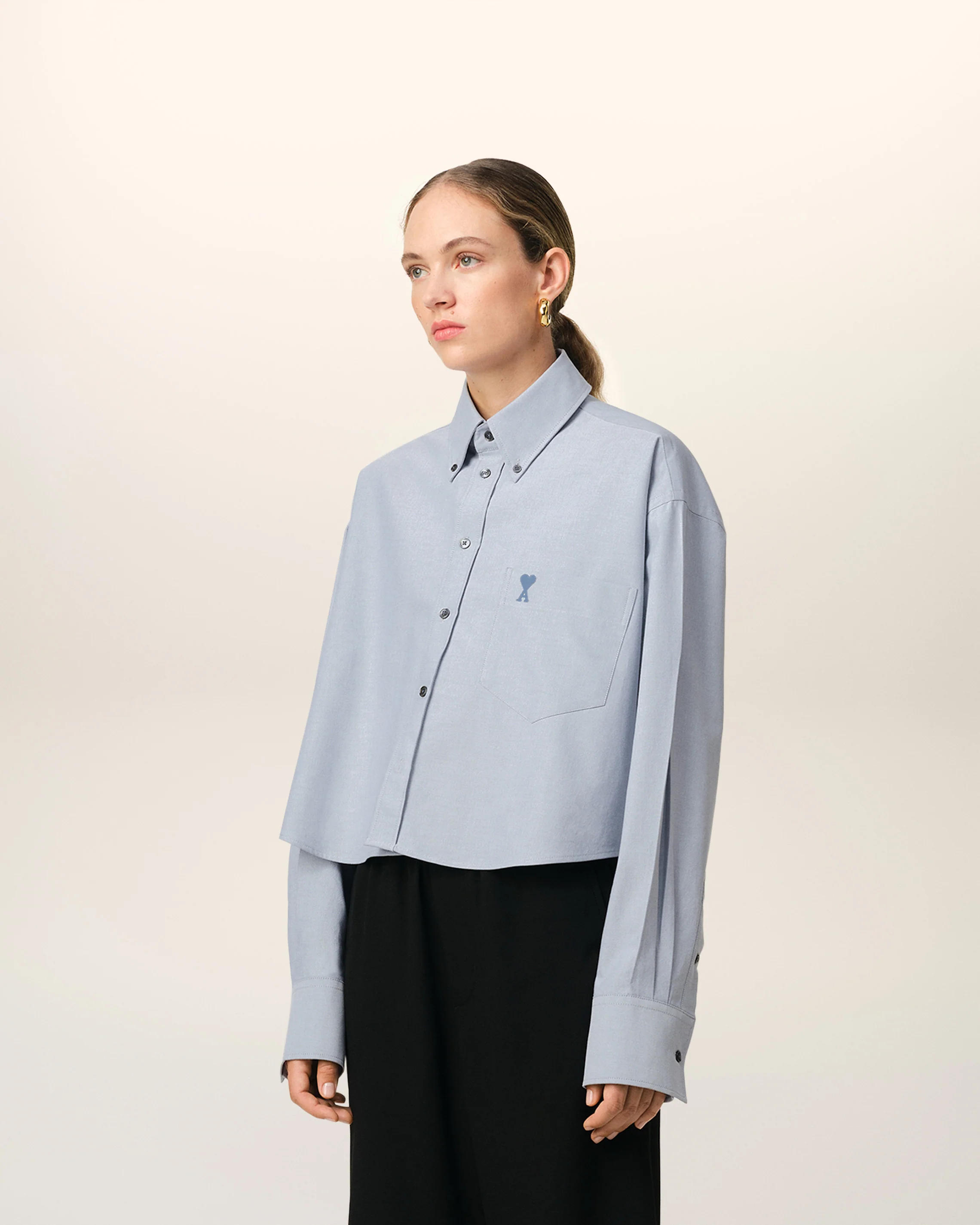 Blue Cotton Button-Down Cropped Oversized Shirt