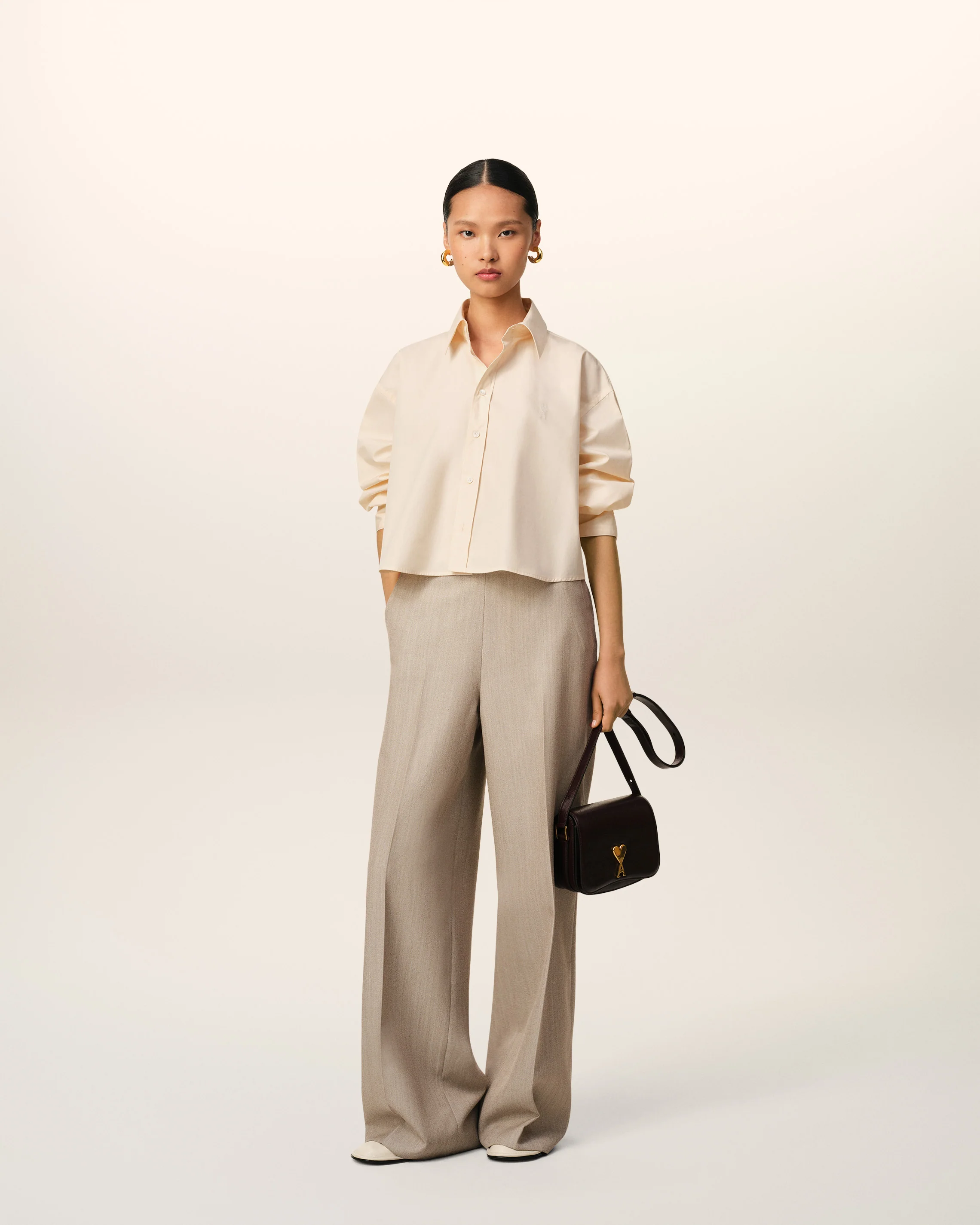 Beige Cotton Cropped Oversized Shirt