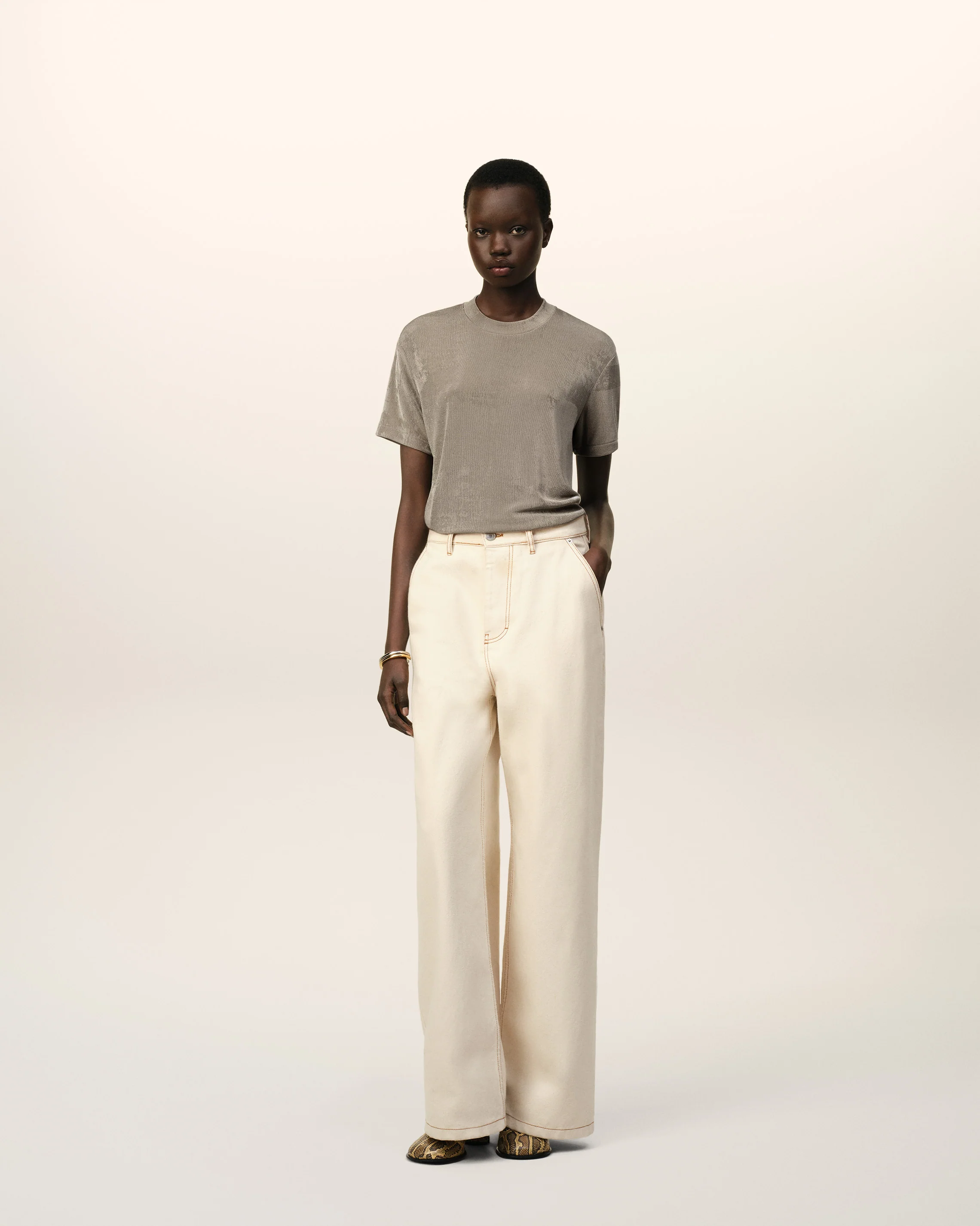 Beige Shiny Jersey Short Sleeve T-Shirt