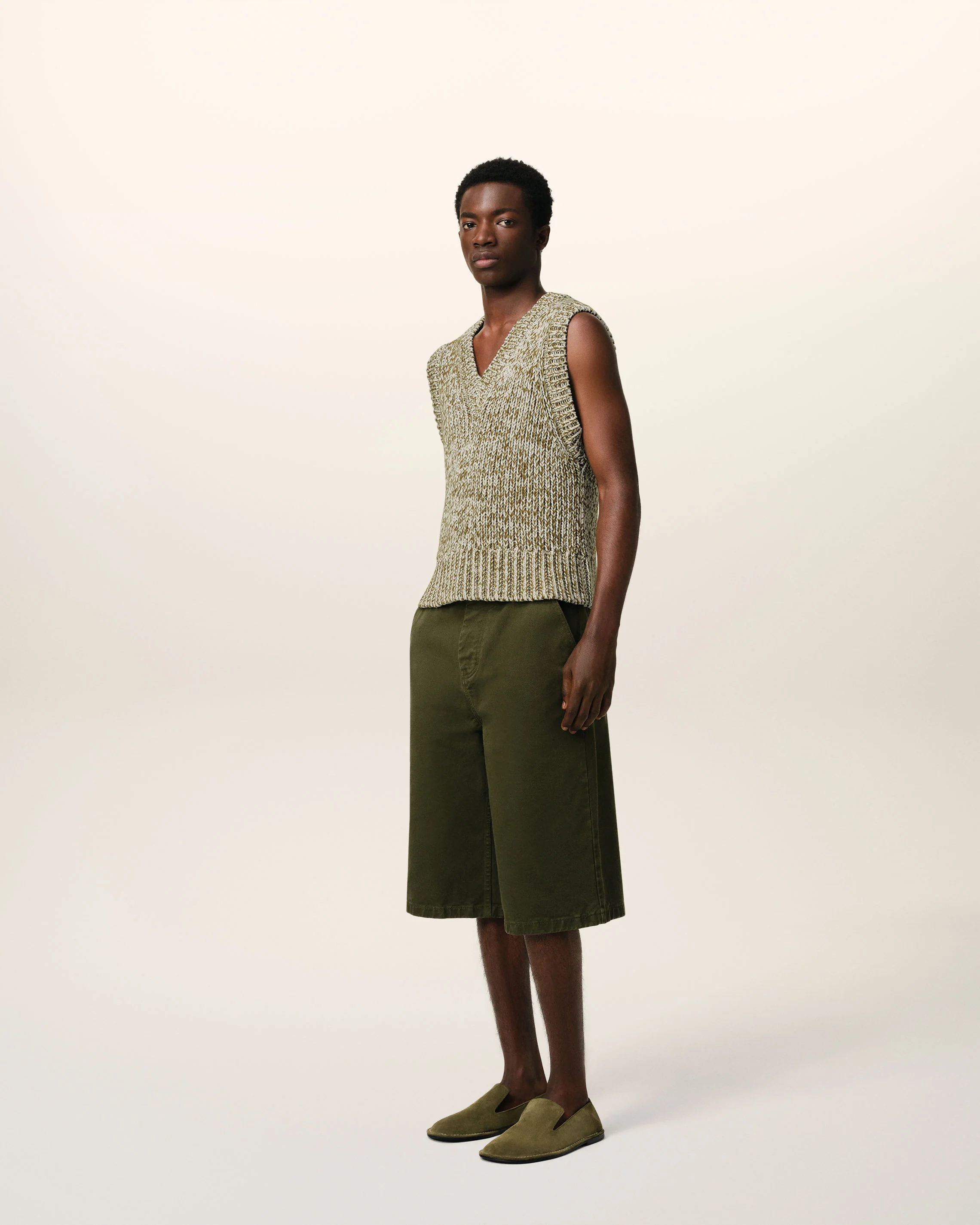 Green Cotton And Wool Sleeveless V Neck Sweater