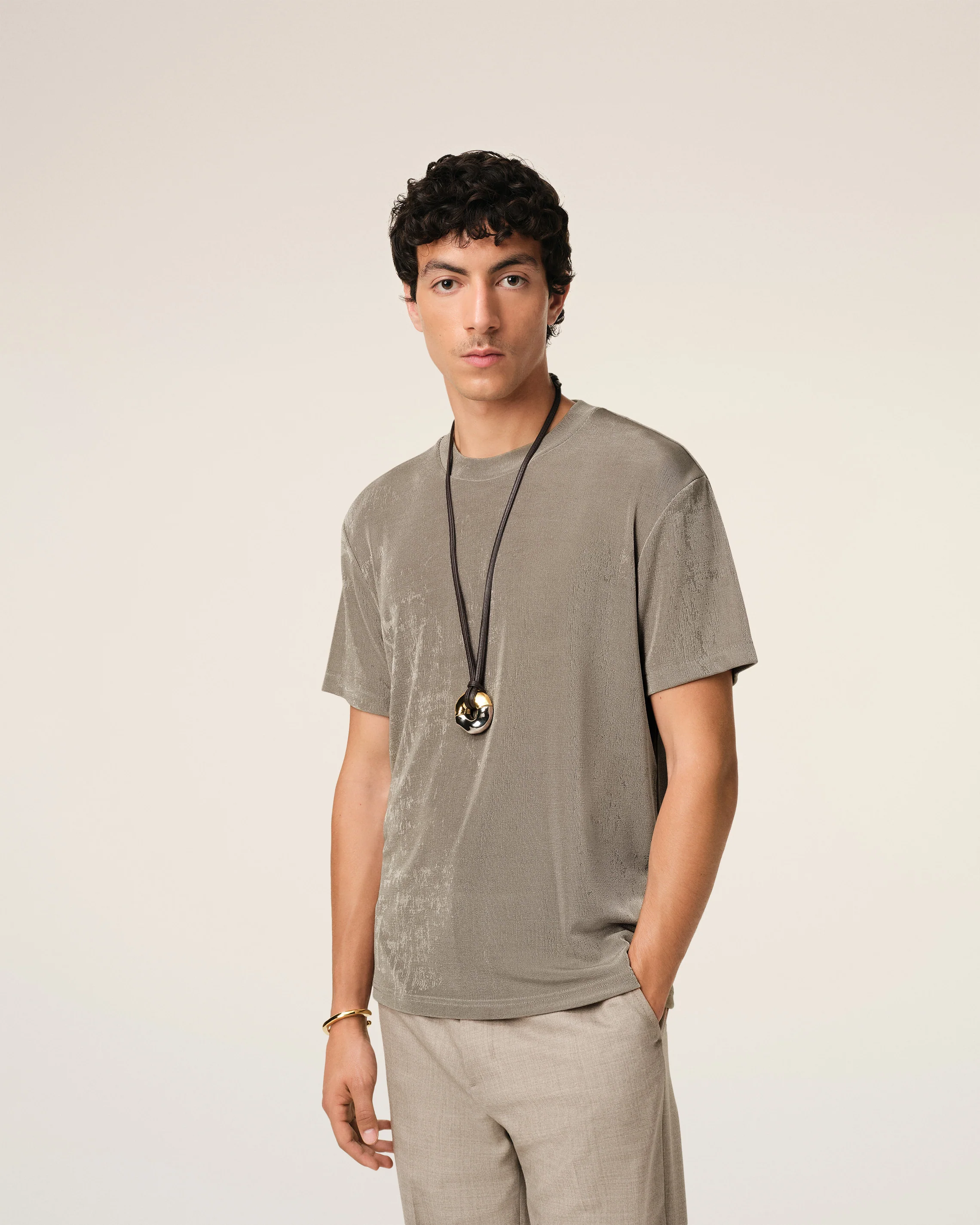 Beige Rib Jersey Short Sleeve T-Shirt