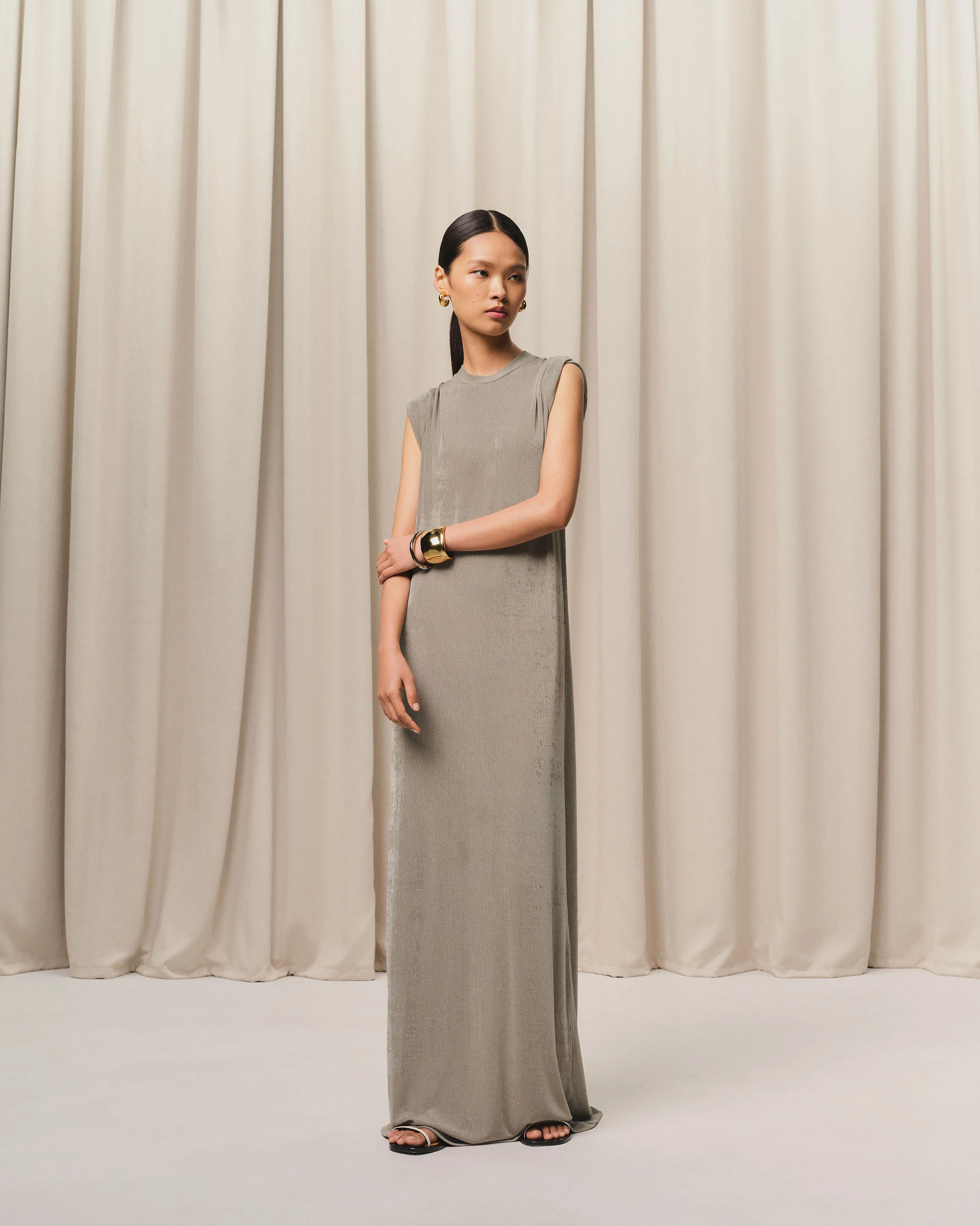 Beige Rib Jersey Short Sleeve Long Dress