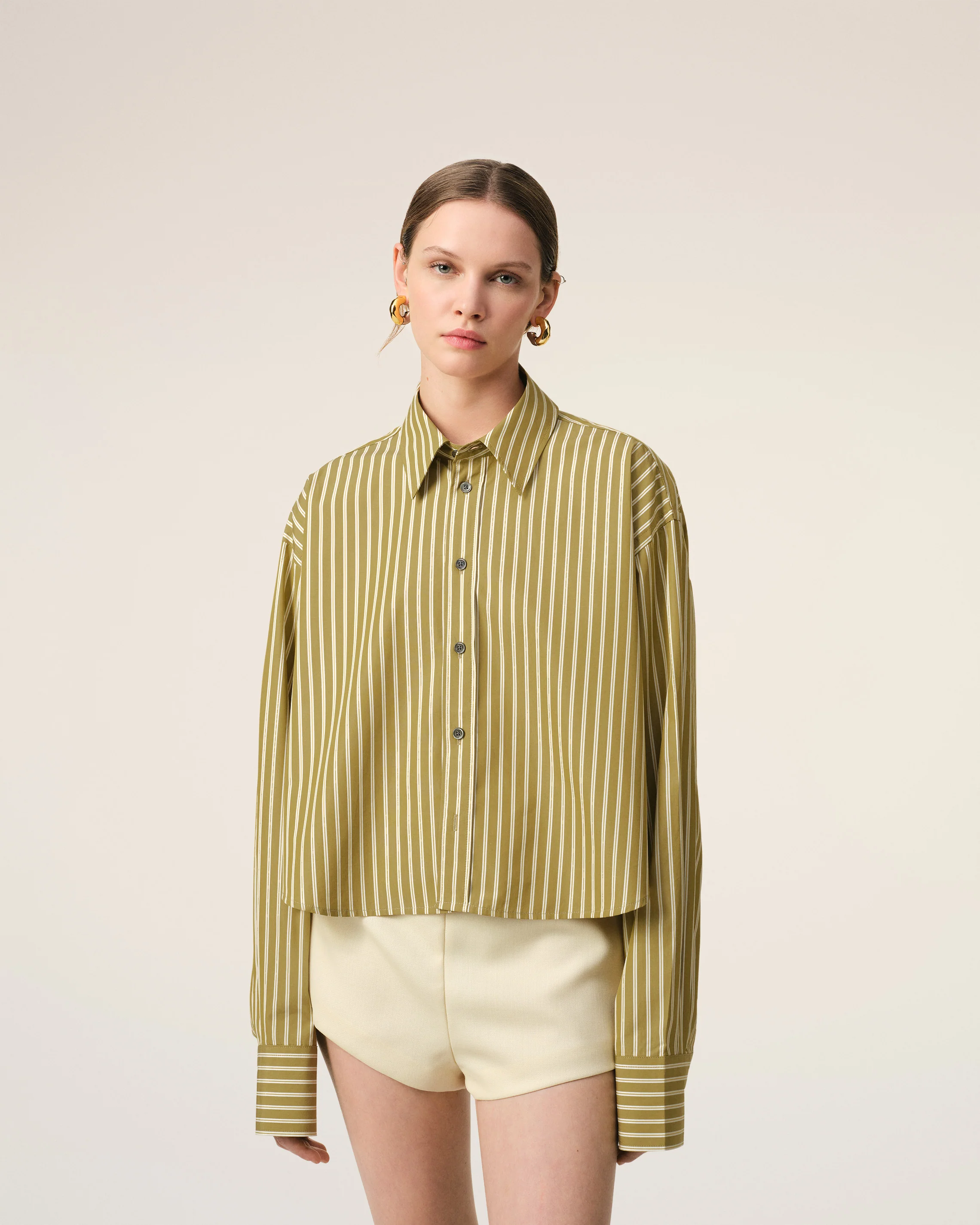 Khaki Cotton Cropped Oversized Shirt
