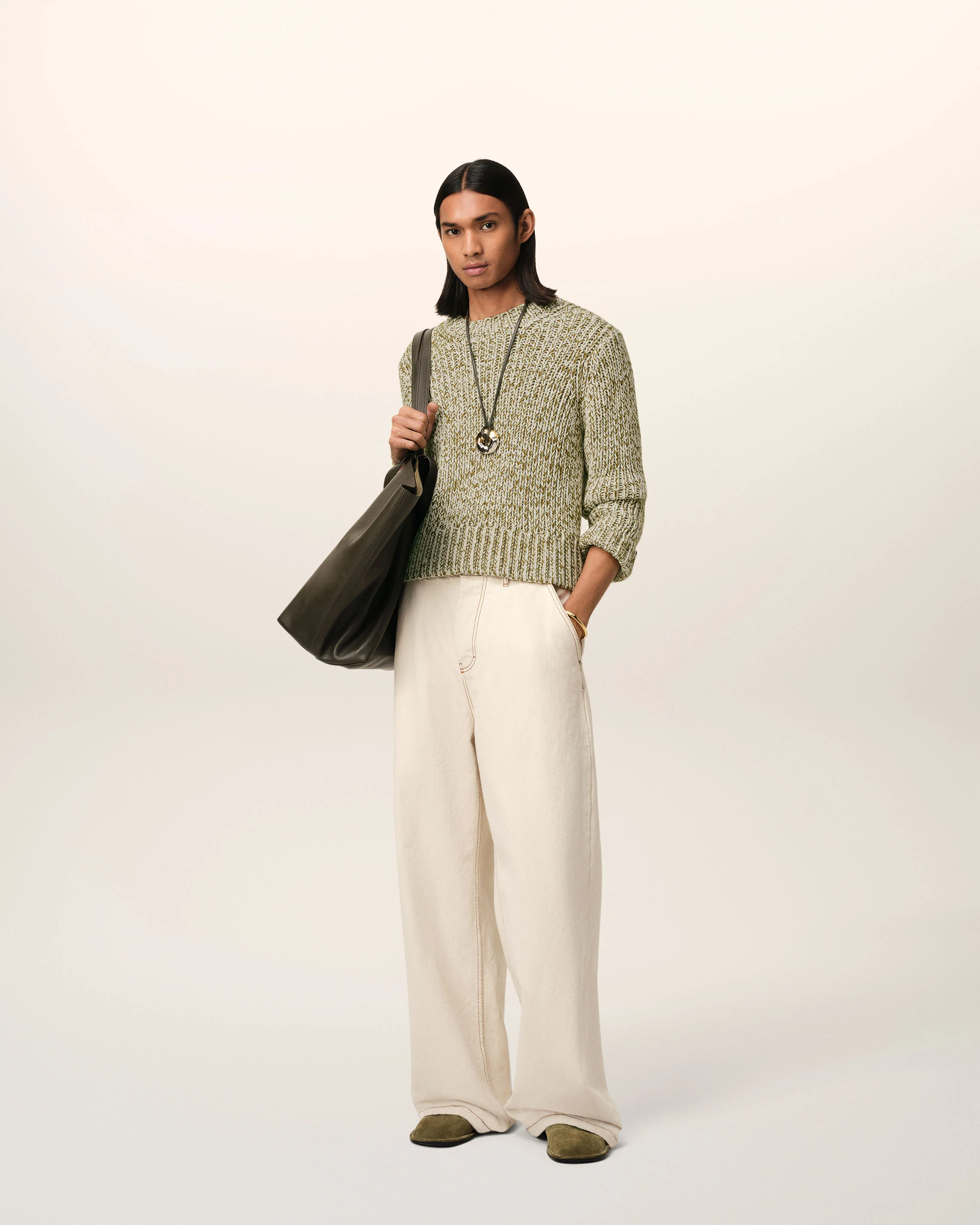 Green Mouliné Textured Knit Crewneck Sweater