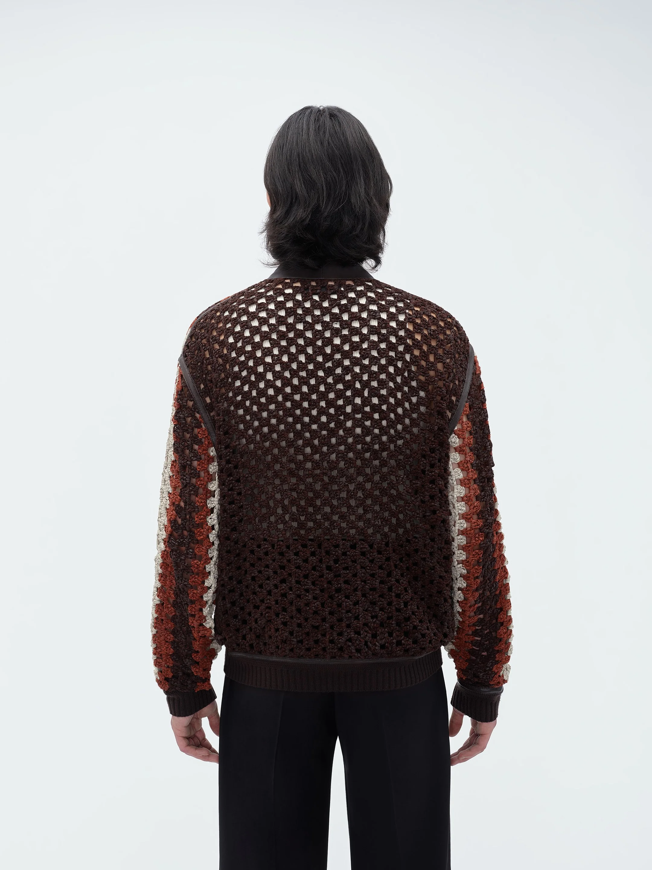 CROCHET KNIT LEATHER CARDIGAN - Shaved Chocolate