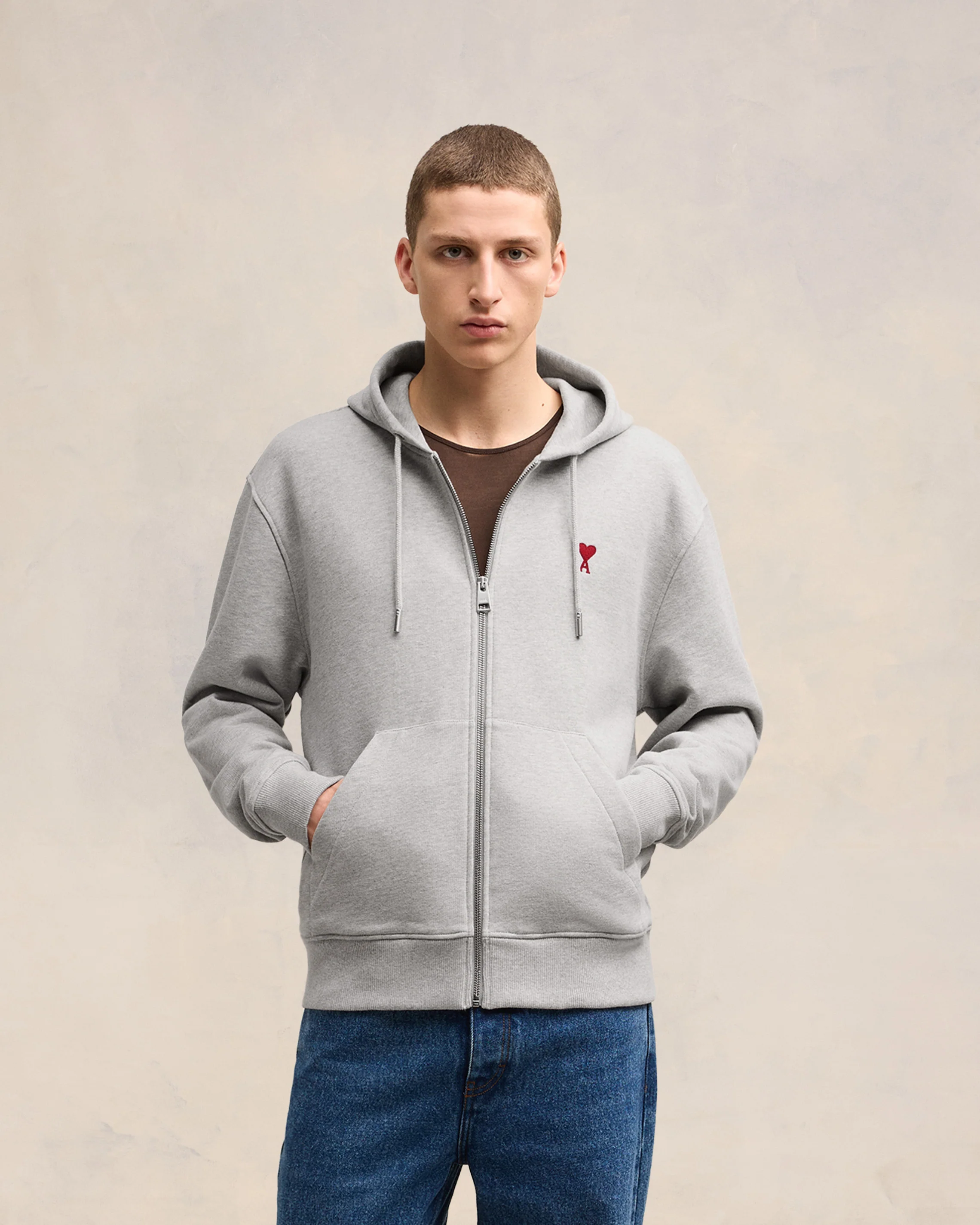 Grey Cotton Ami de Coeur Zipped Hoodie