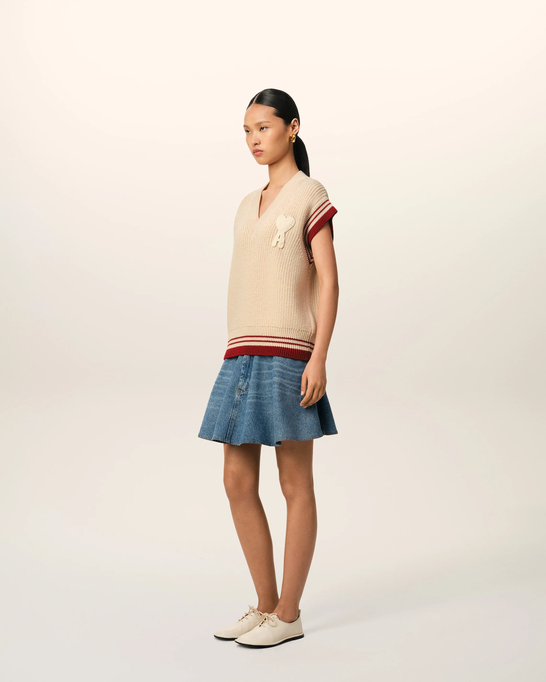 Beige Wool Ribbed Sleeveless V Neck Sweater