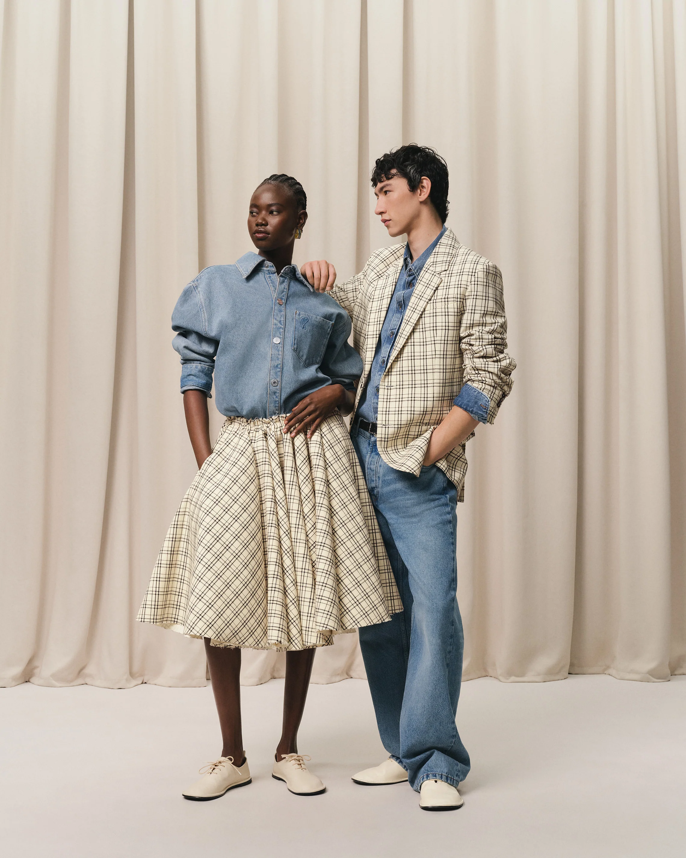 Beige Checked Wool Semi-Lined Jacket