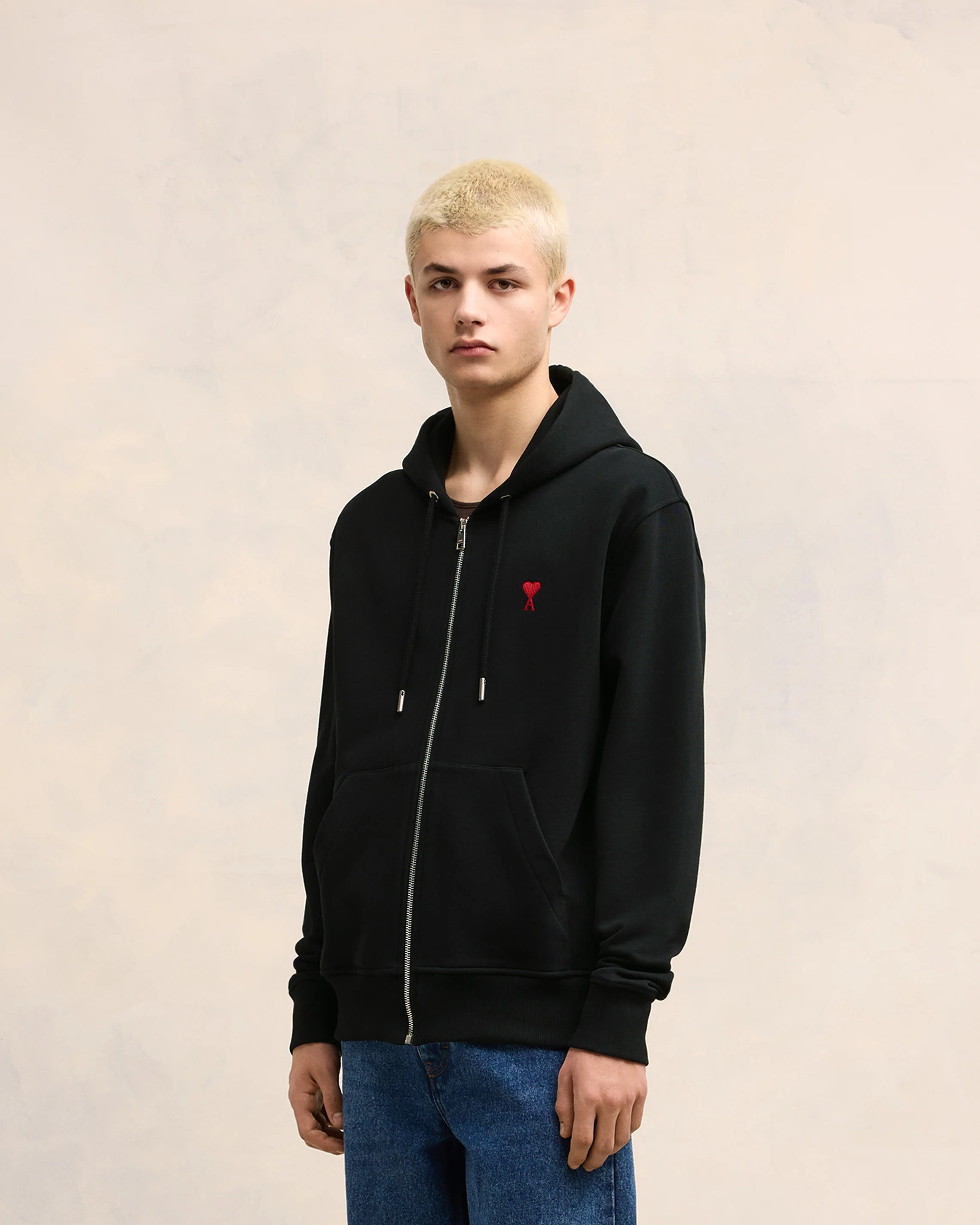 Black Cotton Ami de Coeur Zipped Hoodie