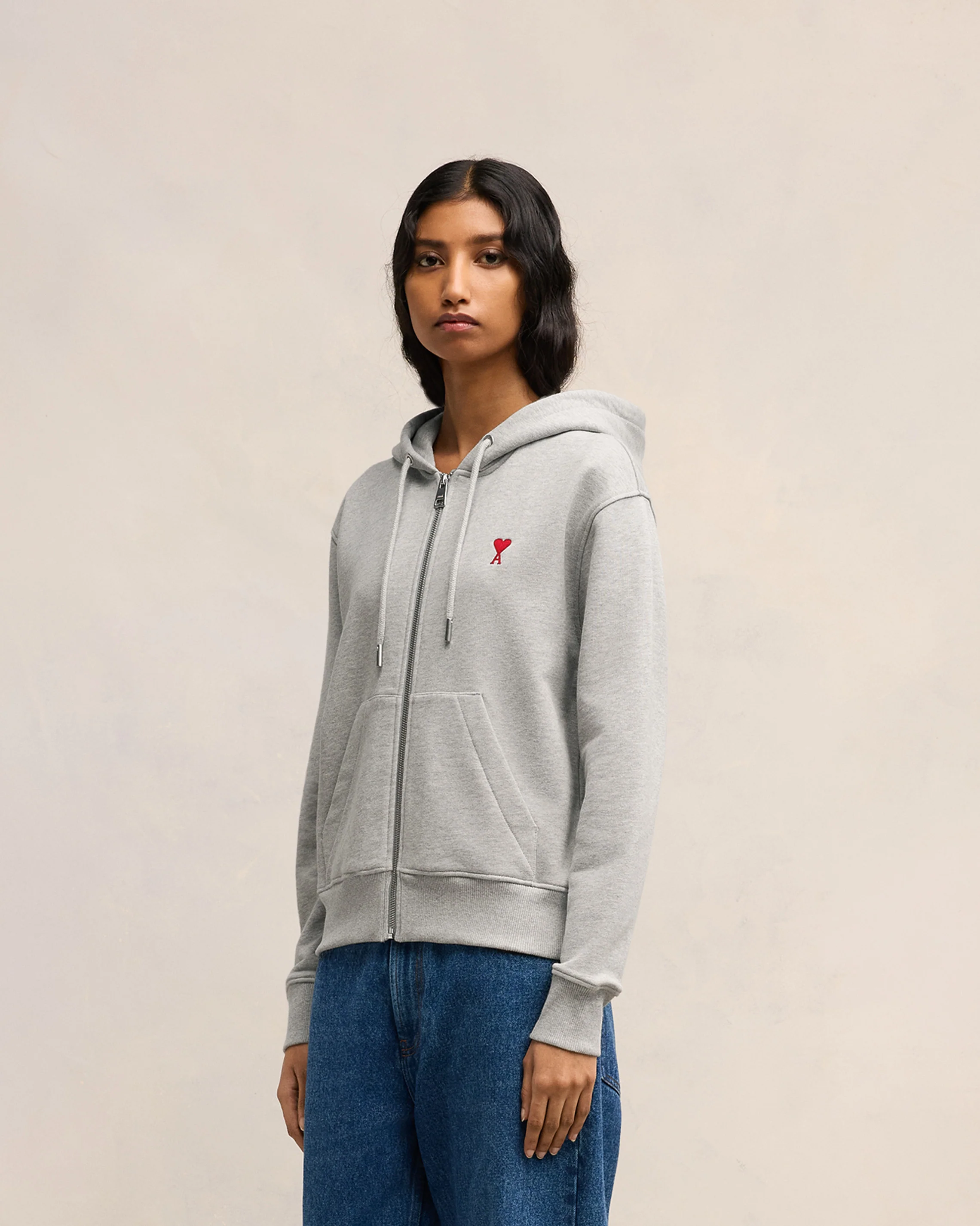 Grey Cotton Ami de Coeur Zipped Hoodie