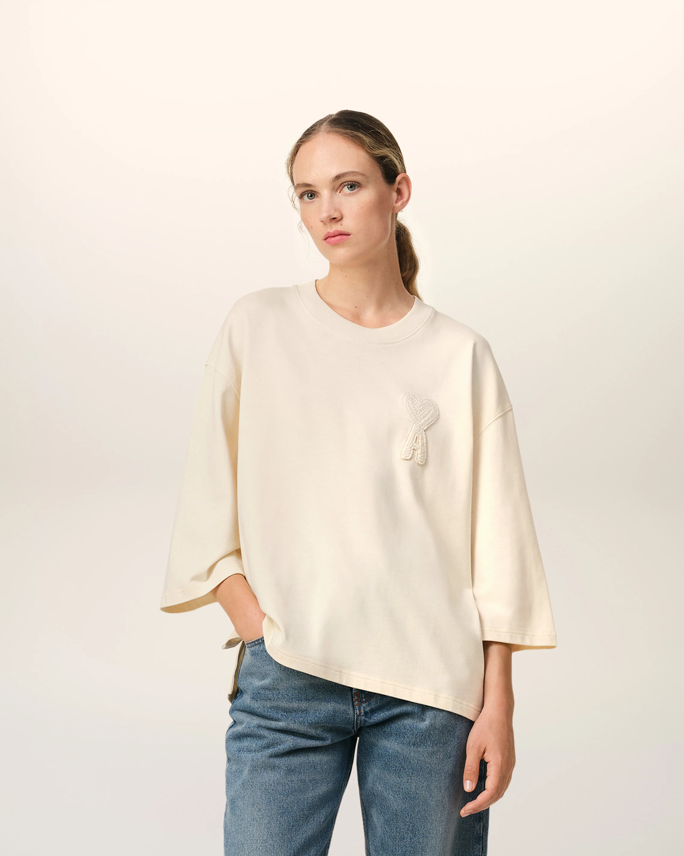 Beige Cotton Ami de Coeur Patch T-Shirt