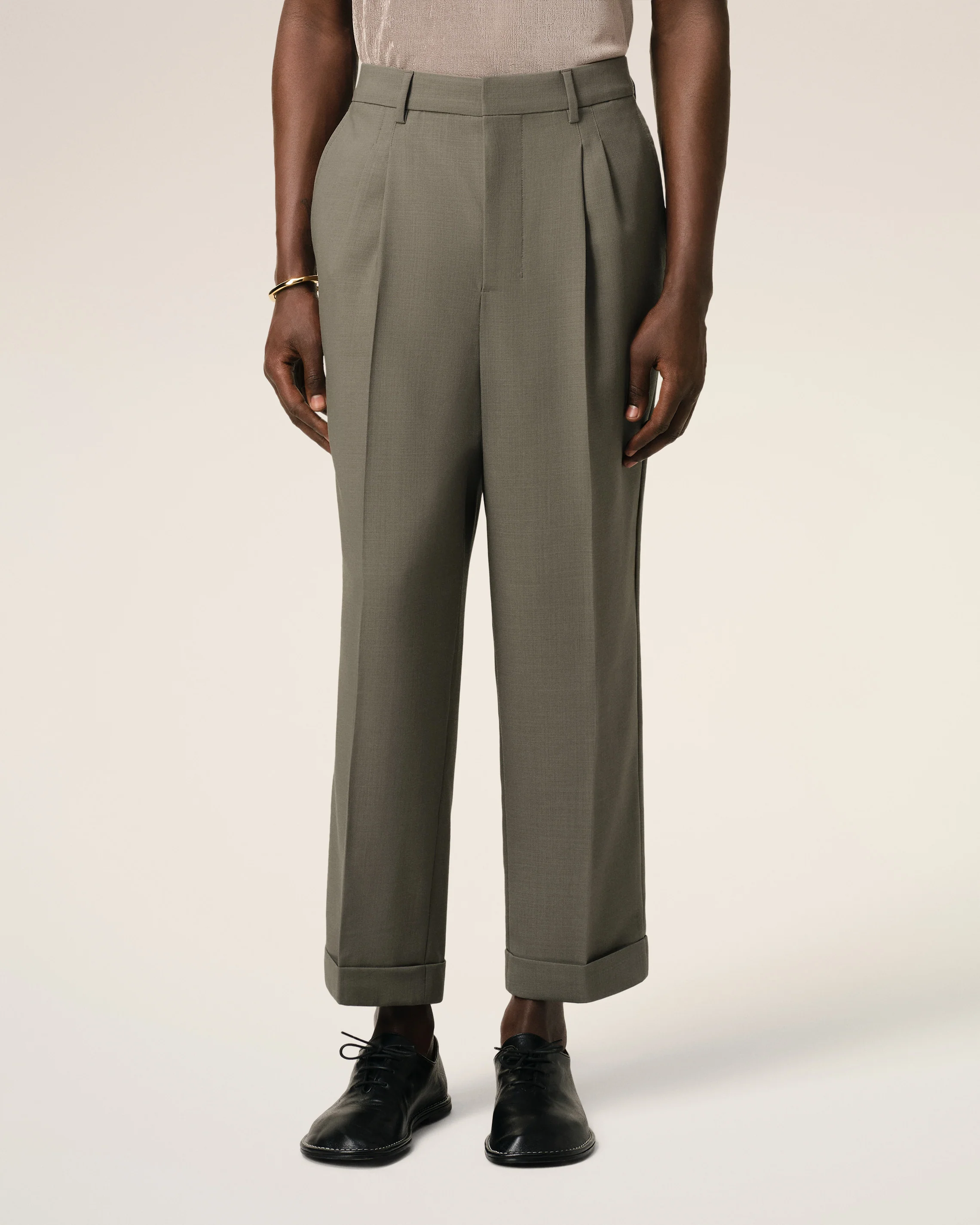 Taupe Wool Carrot Fit Trousers