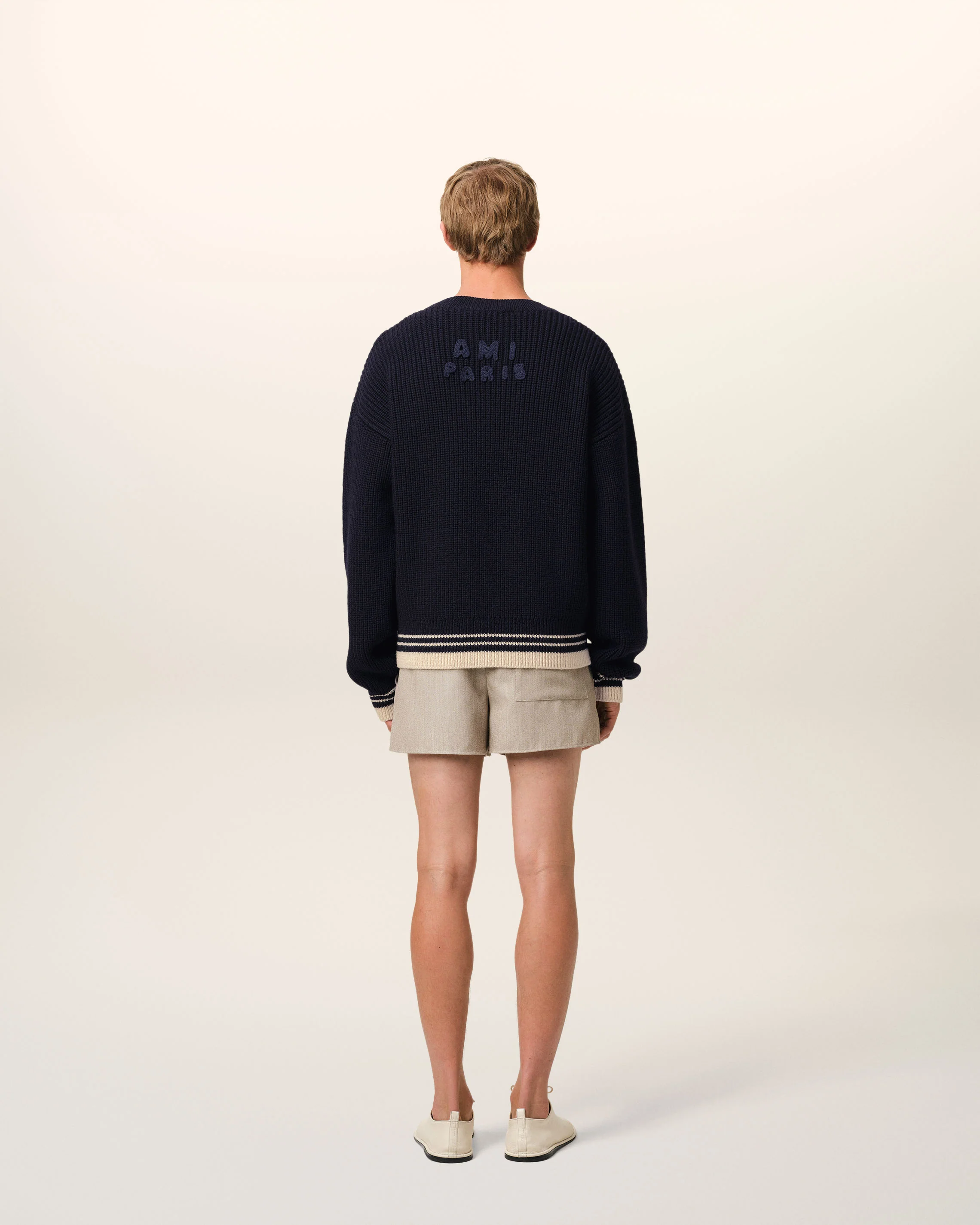 Navy Wool Ribbed V Neck Sweater