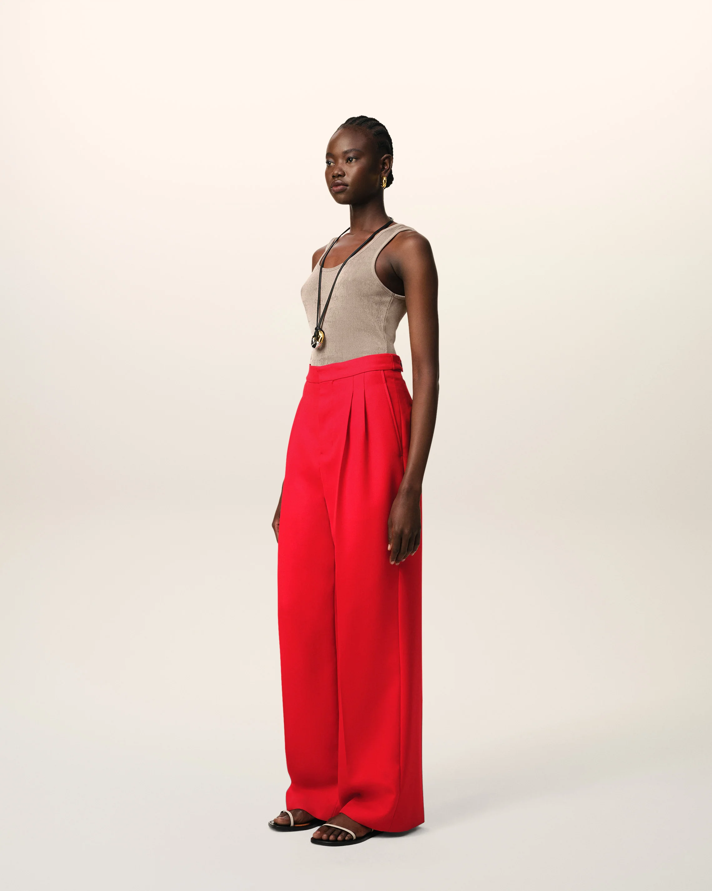 Red Wool High Waist Large Trousers
