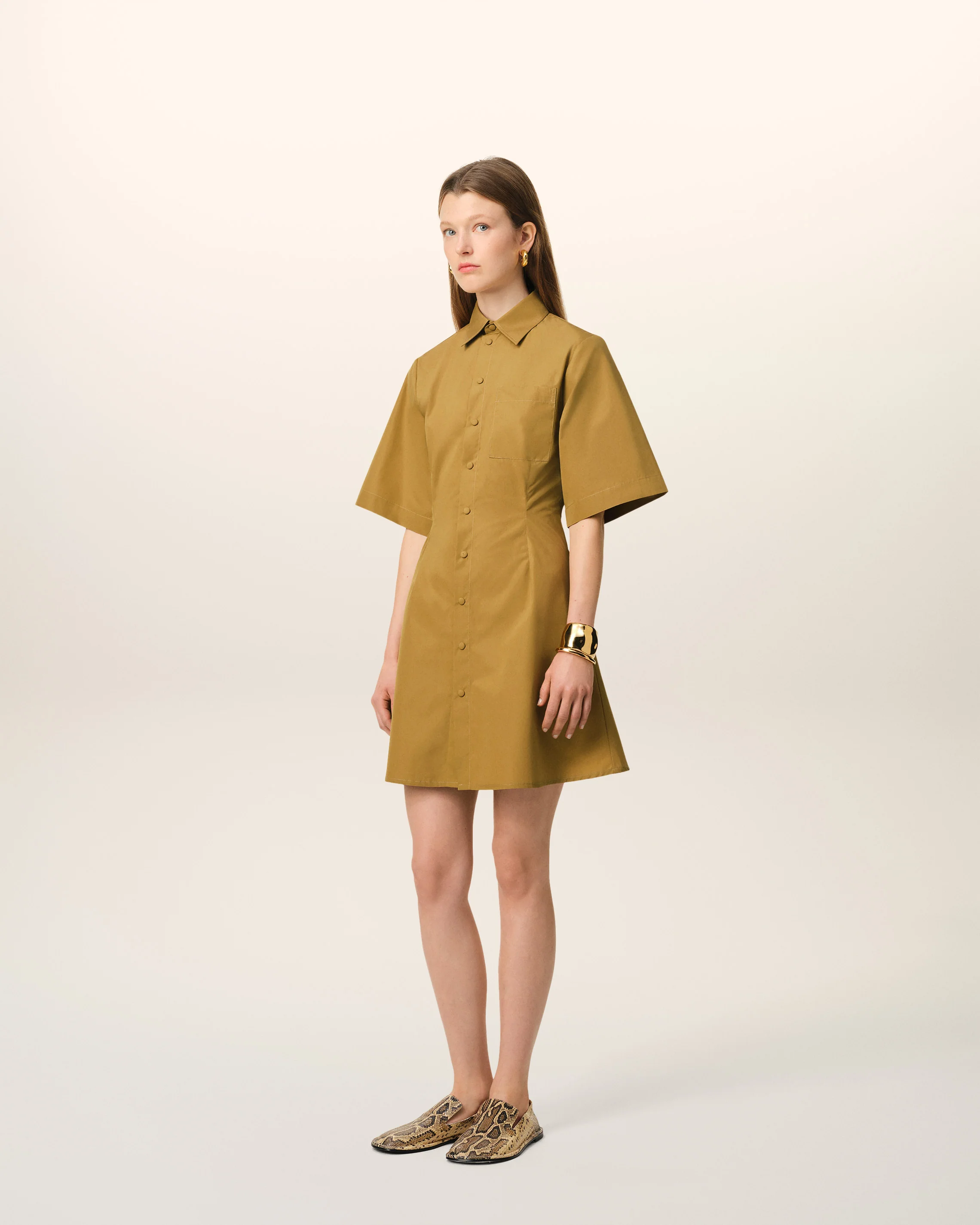 Mustard Cotton Short Sleeve Shirt Dress