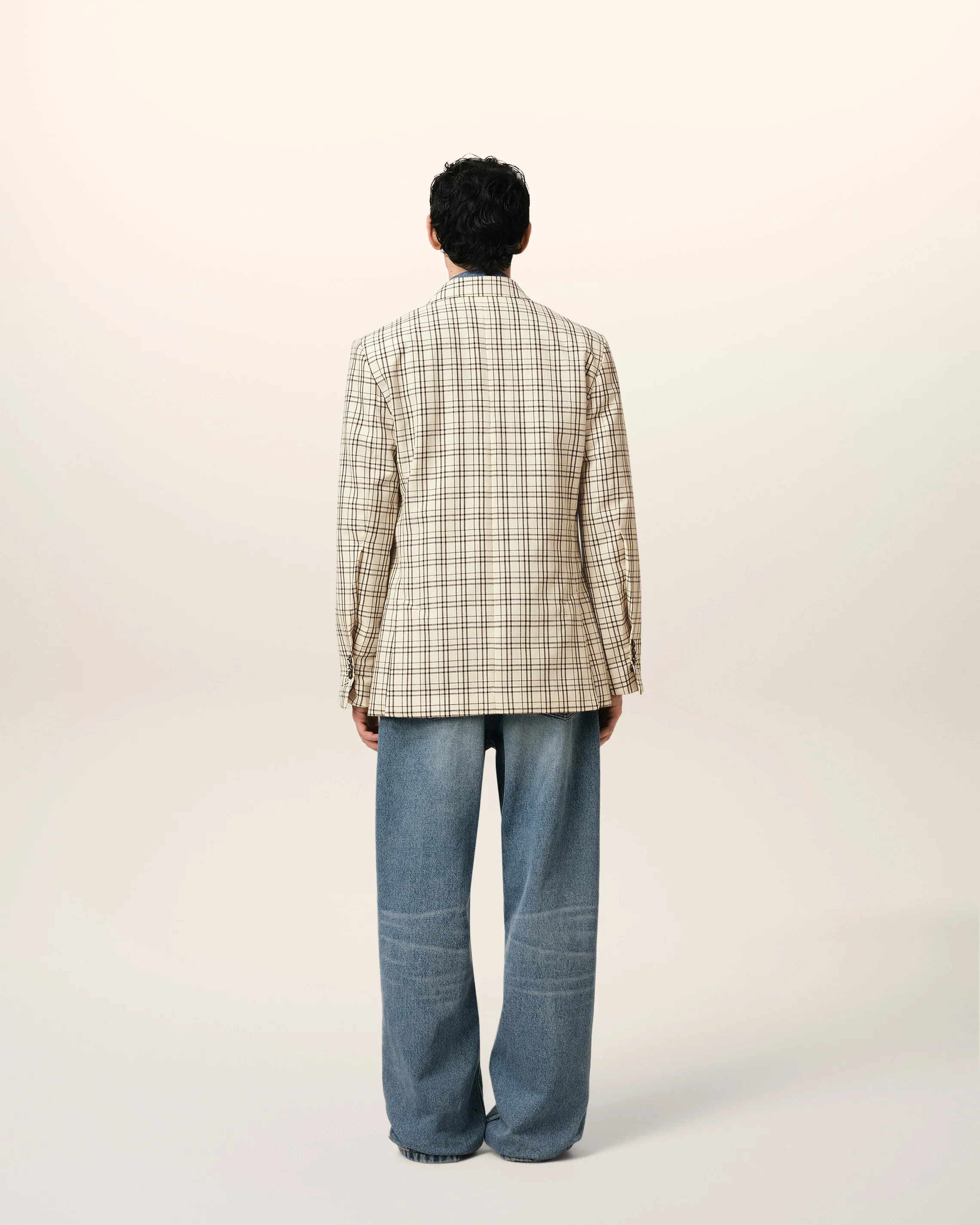 Beige Checked Wool Semi-Lined Jacket
