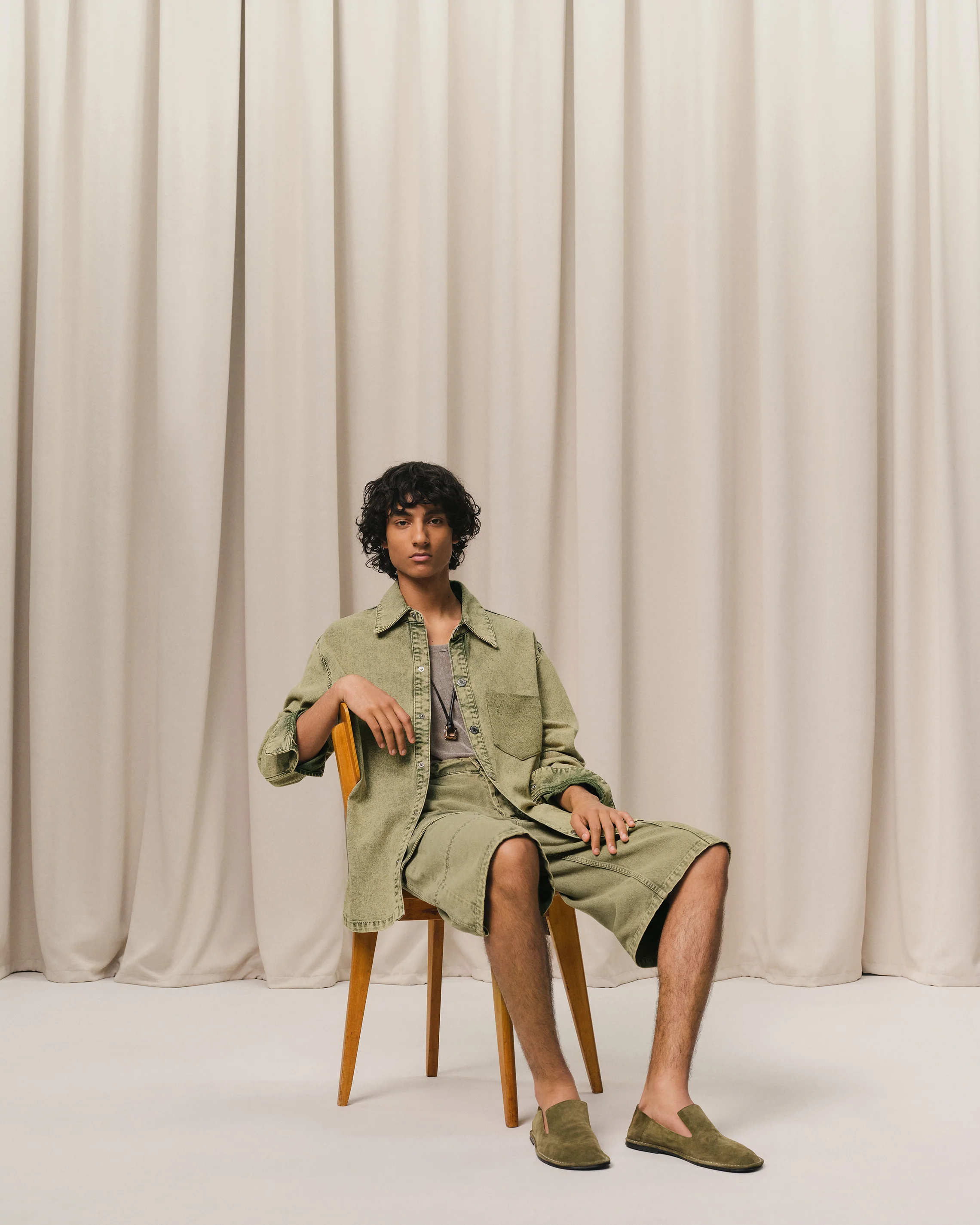 Khaki Leather Midi Slippers