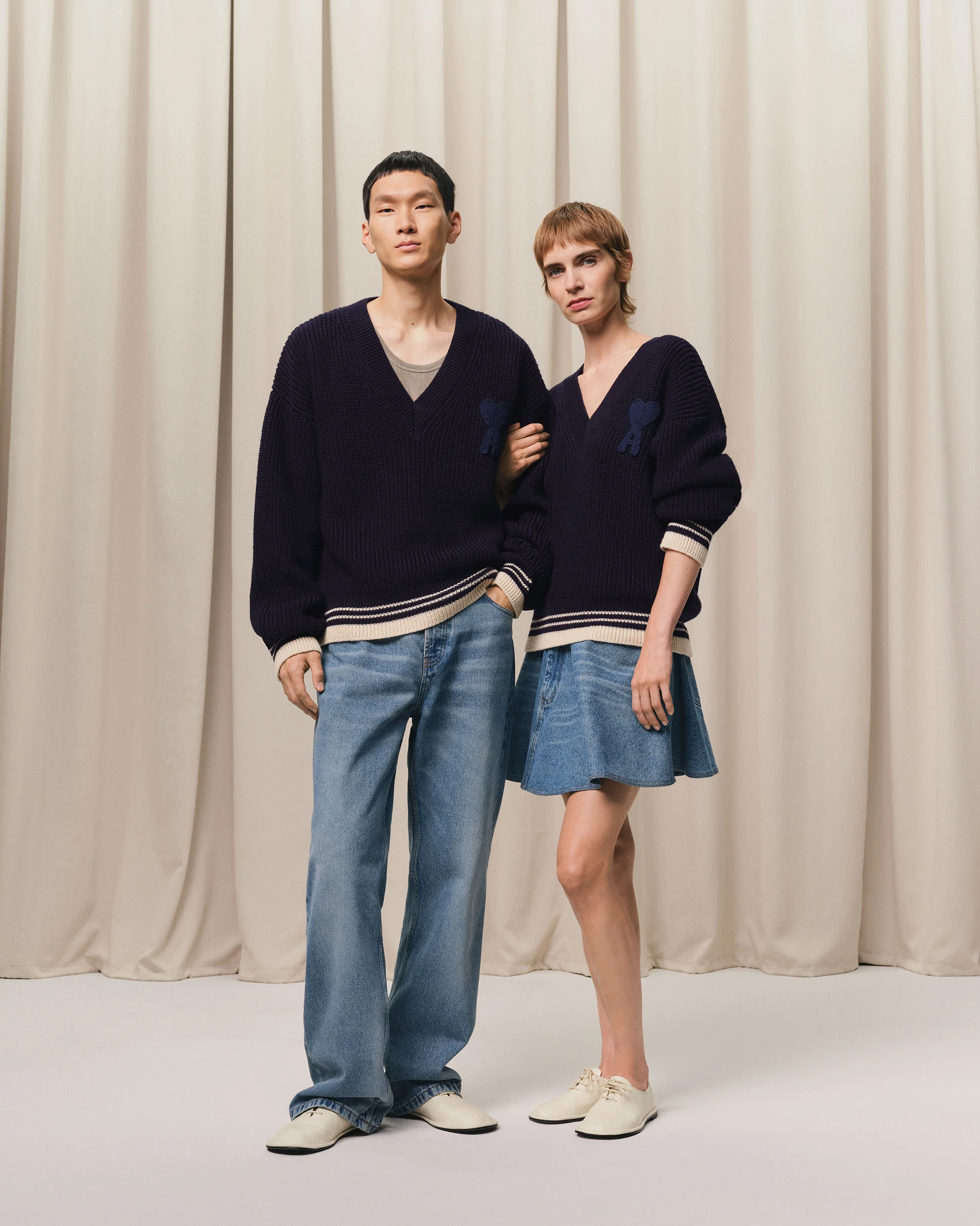 Navy Wool Ribbed V Neck Sweater