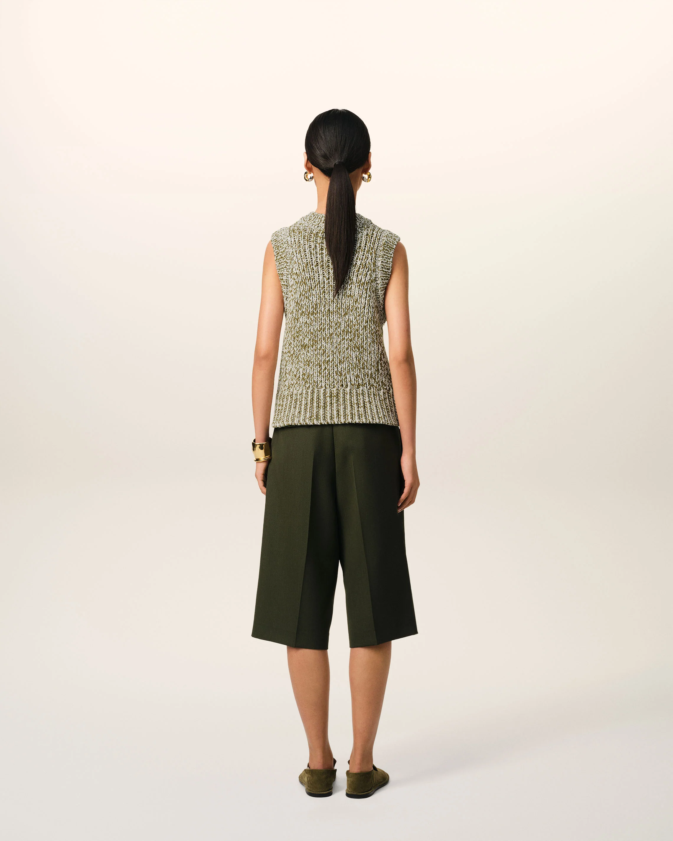 Green Cotton And Wool Sleeveless V Neck Sweater