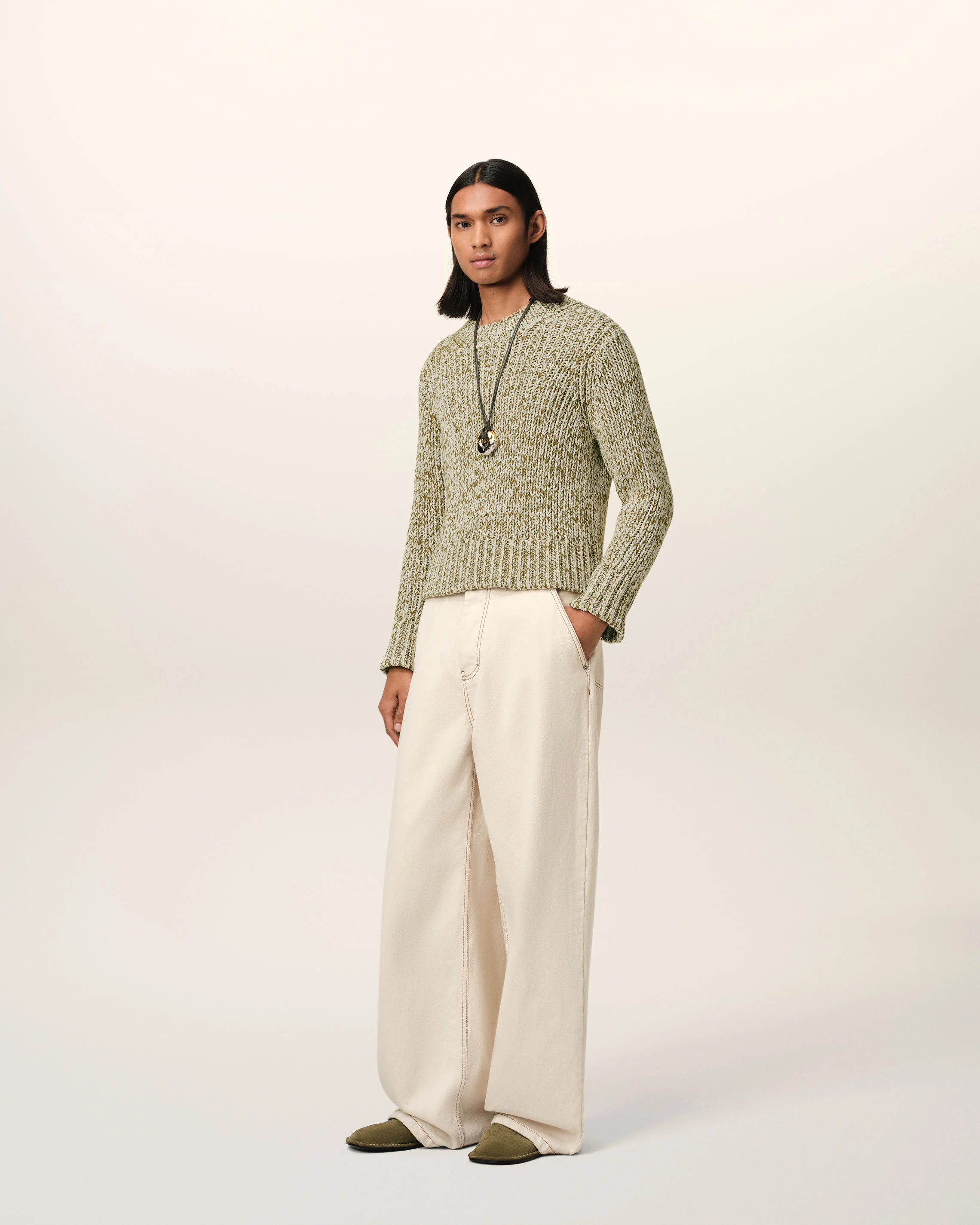 Green Mouliné Textured Knit Crewneck Sweater