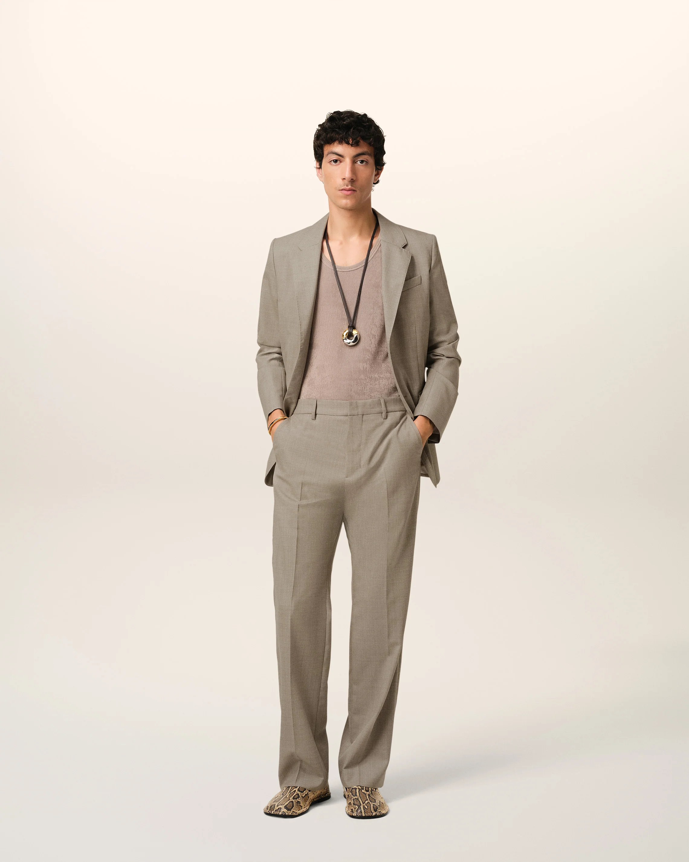 Beige Wool Straight Fit Trousers