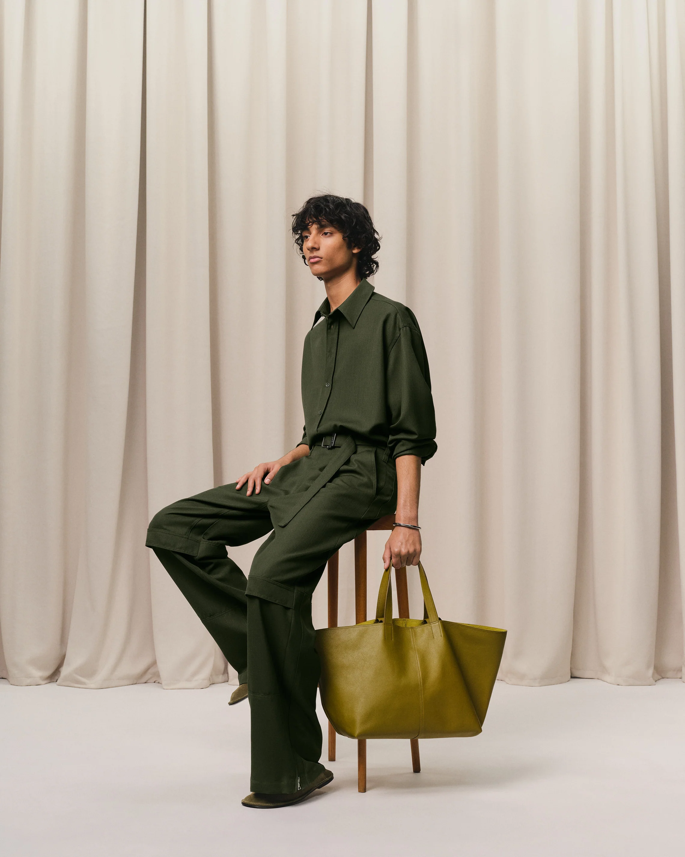 Khaki Leather Midi Tote Bag