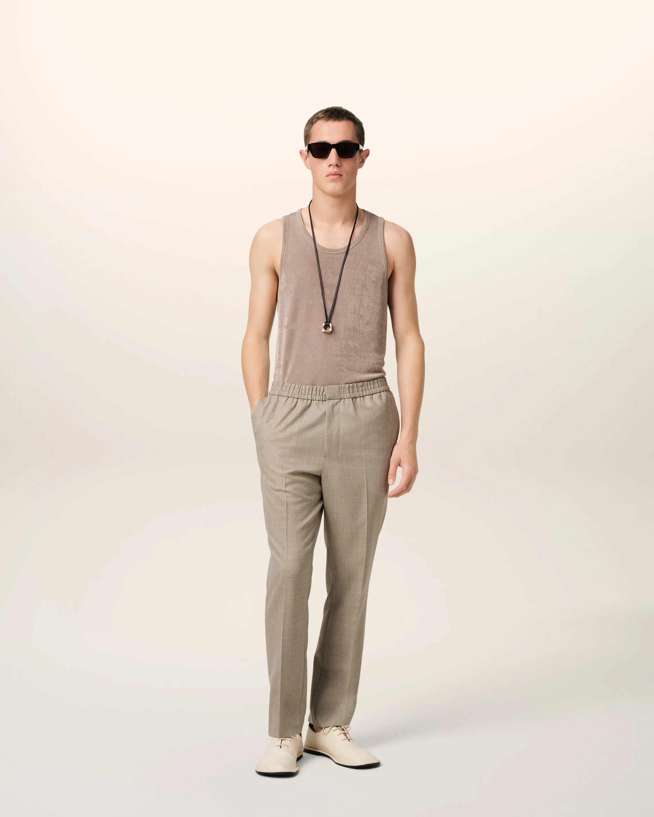 Beige Wool Elasticated Waist Trousers