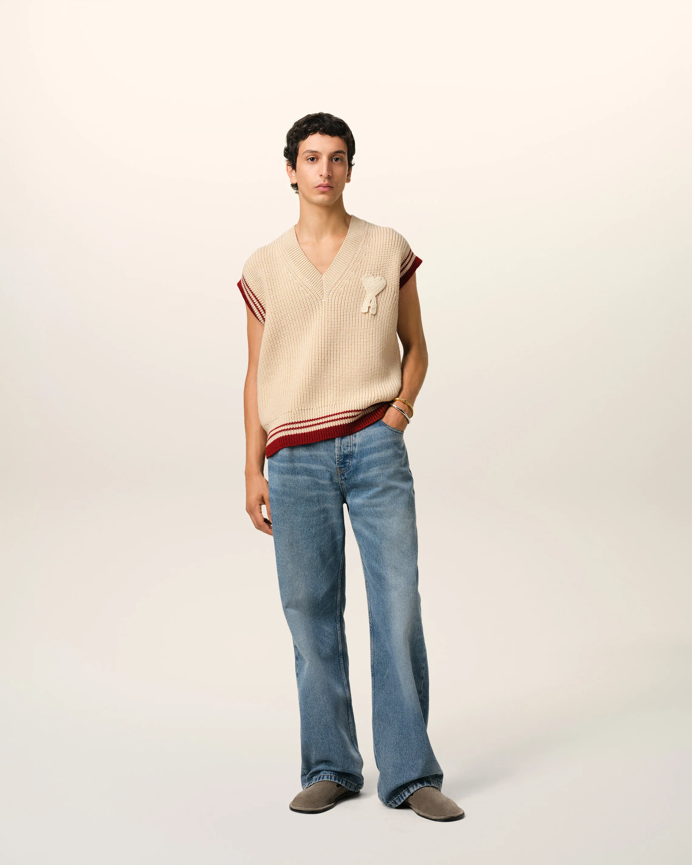 Beige Wool Ribbed Sleeveless V Neck Sweater