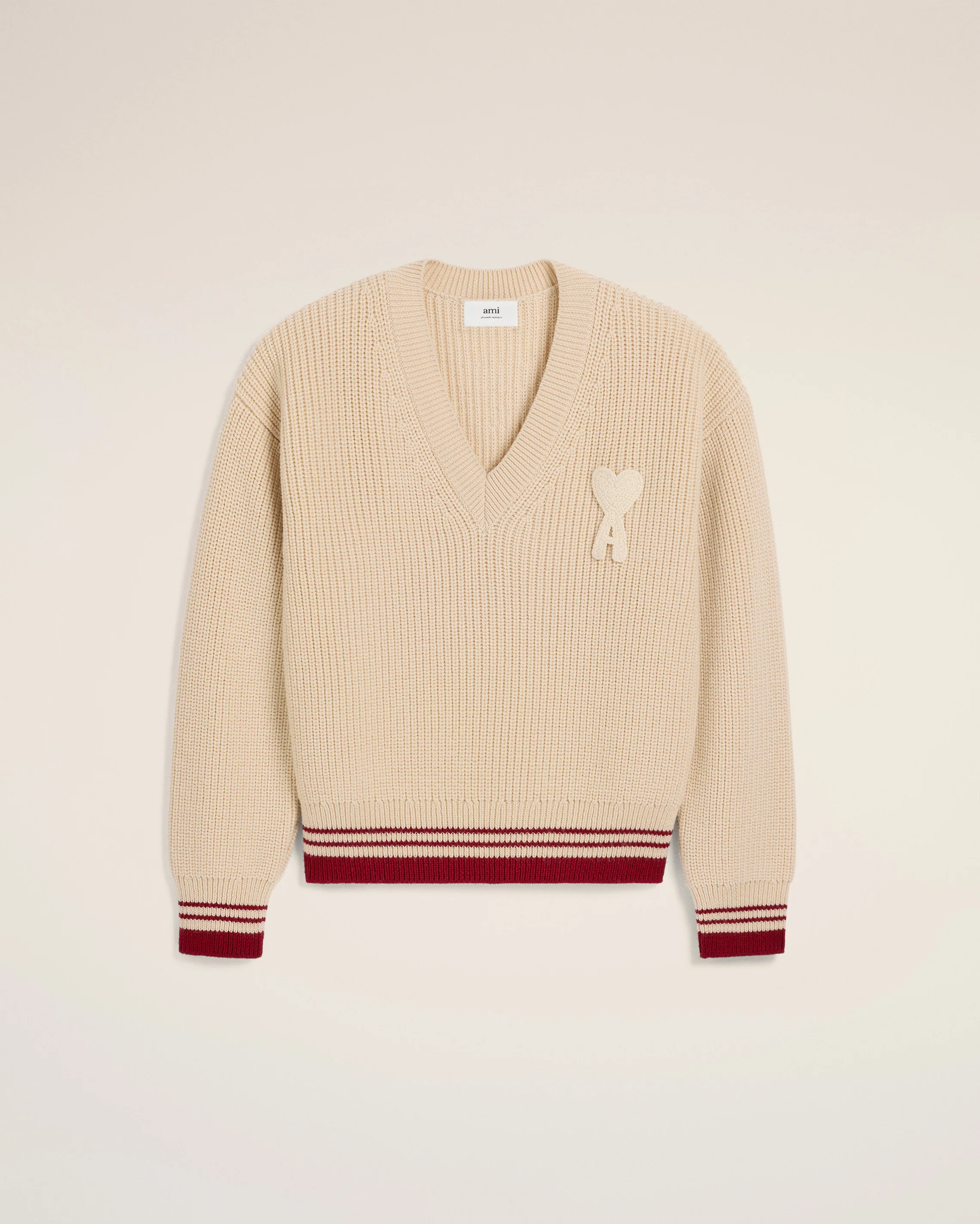 Beige Wool Ribbed V Neck Sweater