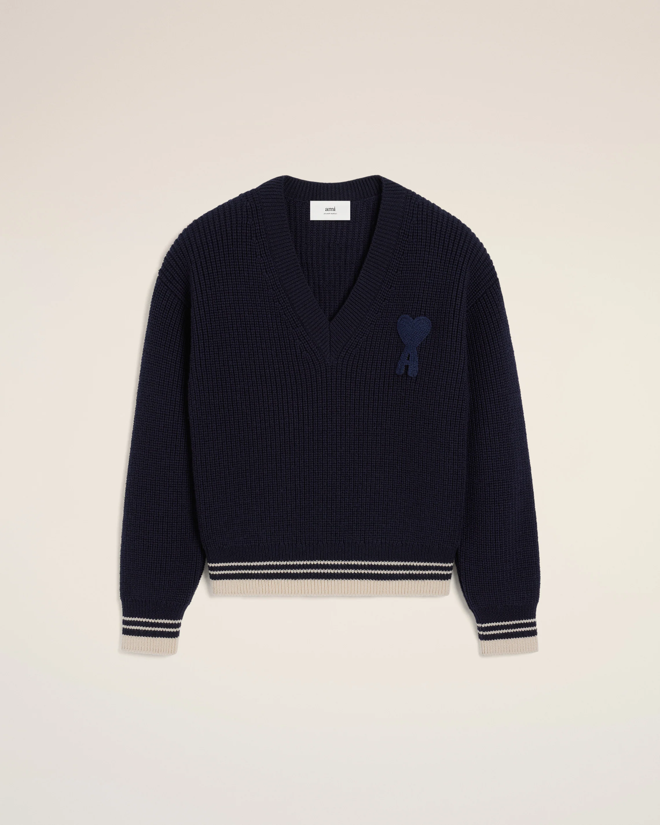 Navy Wool Ribbed V Neck Sweater