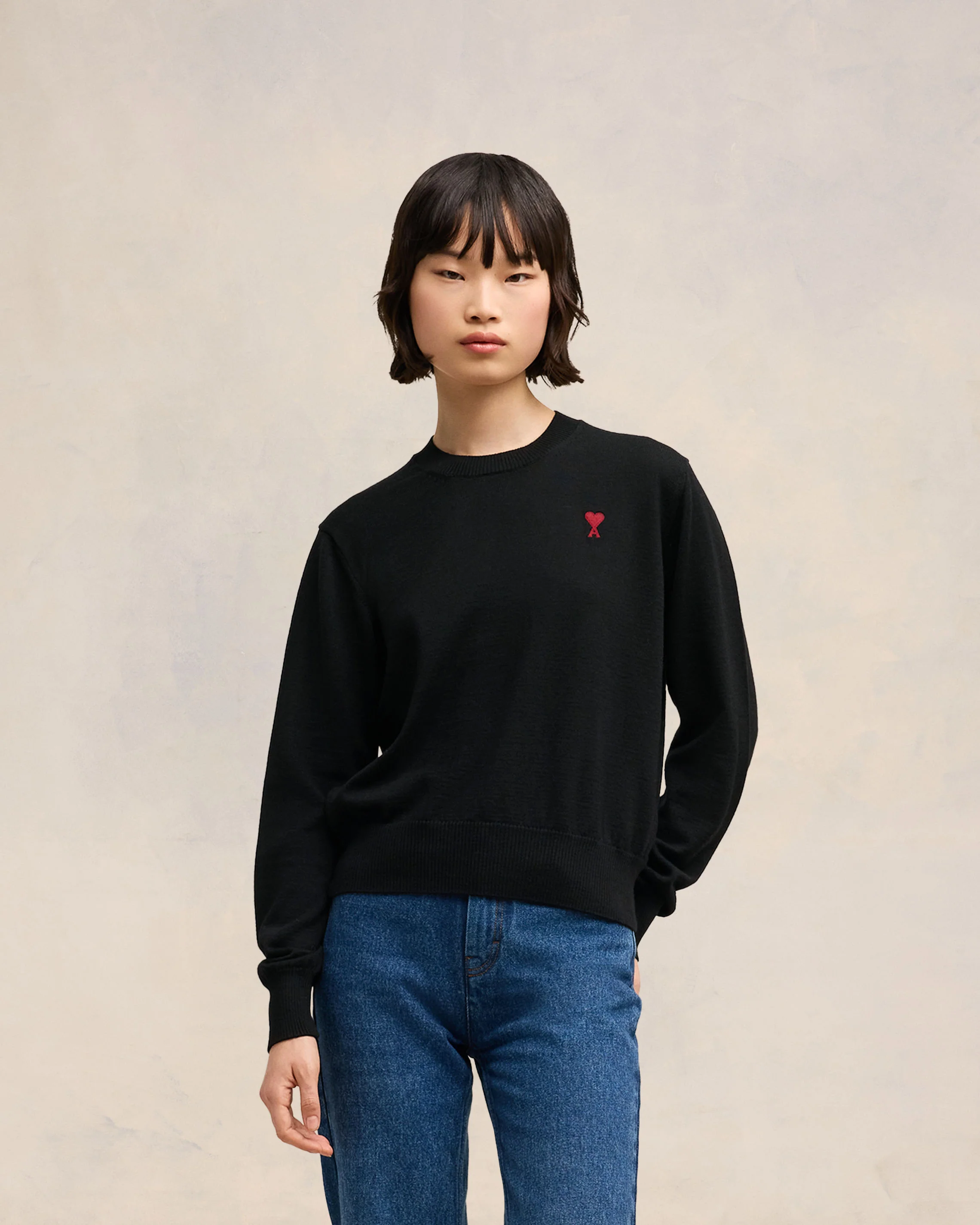 Black Wool Ami de Coeur Crew Neck Sweater