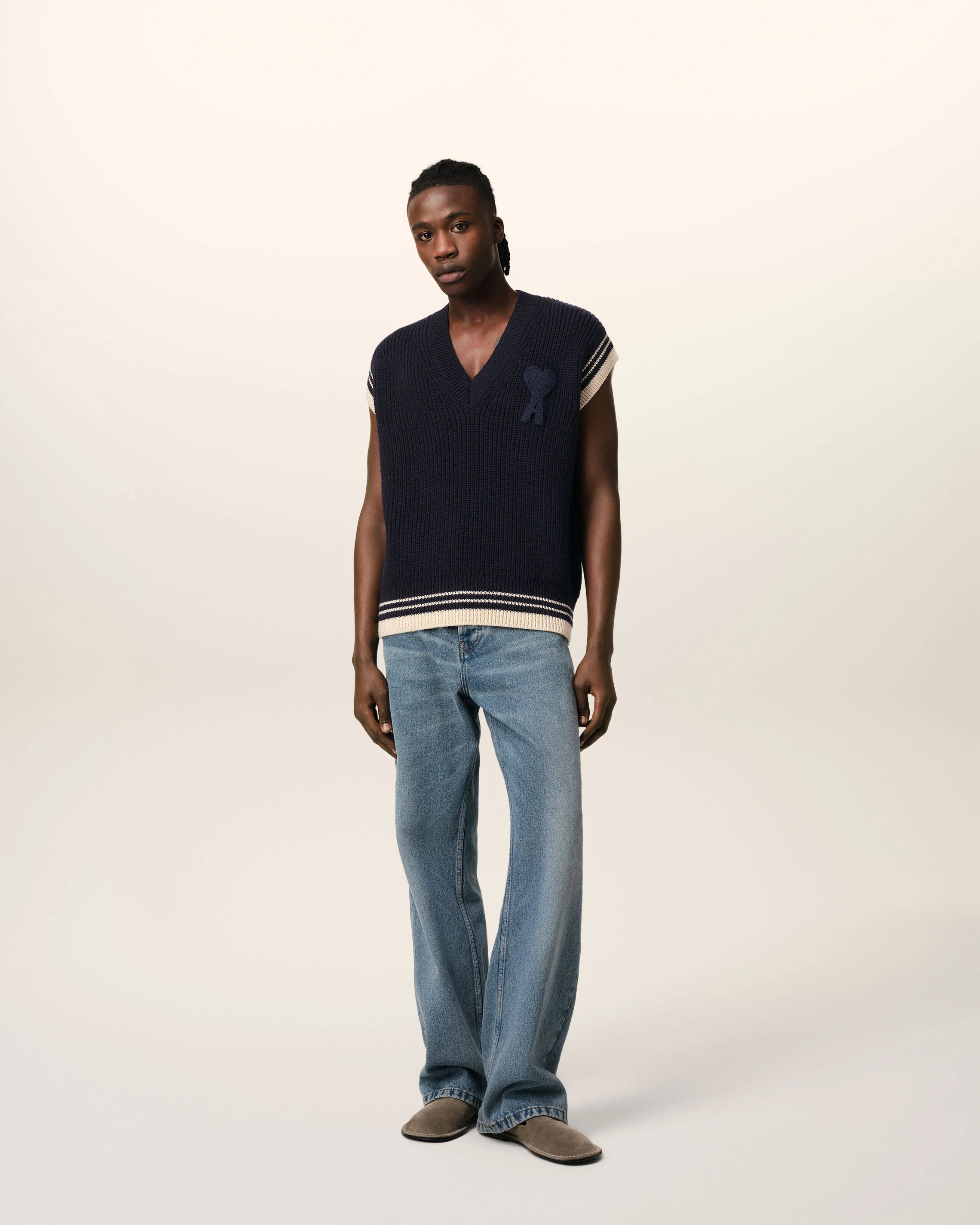 Navy Wool Ribbed Sleeveless V Neck Sweater