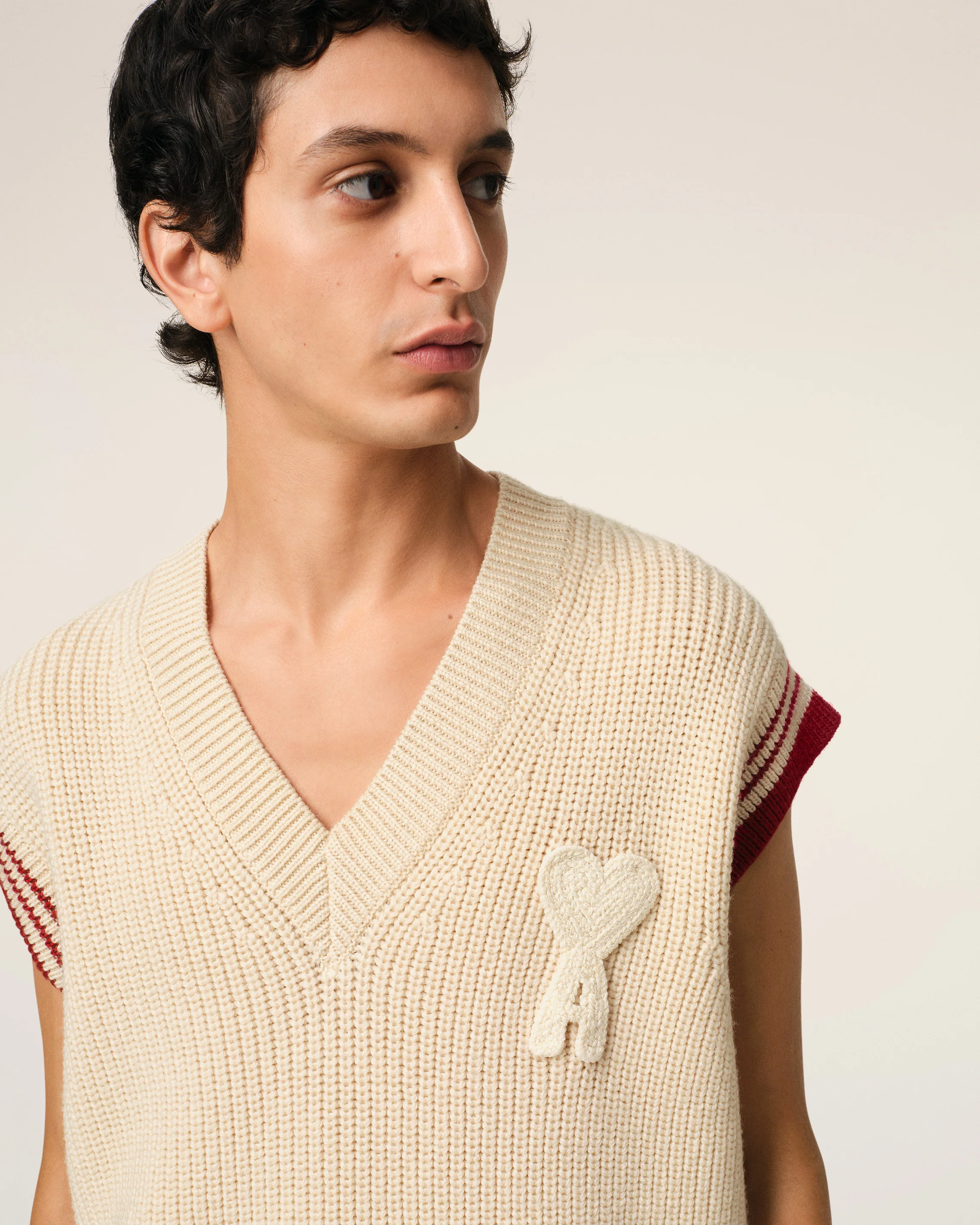 Beige Wool Ribbed Sleeveless V Neck Sweater