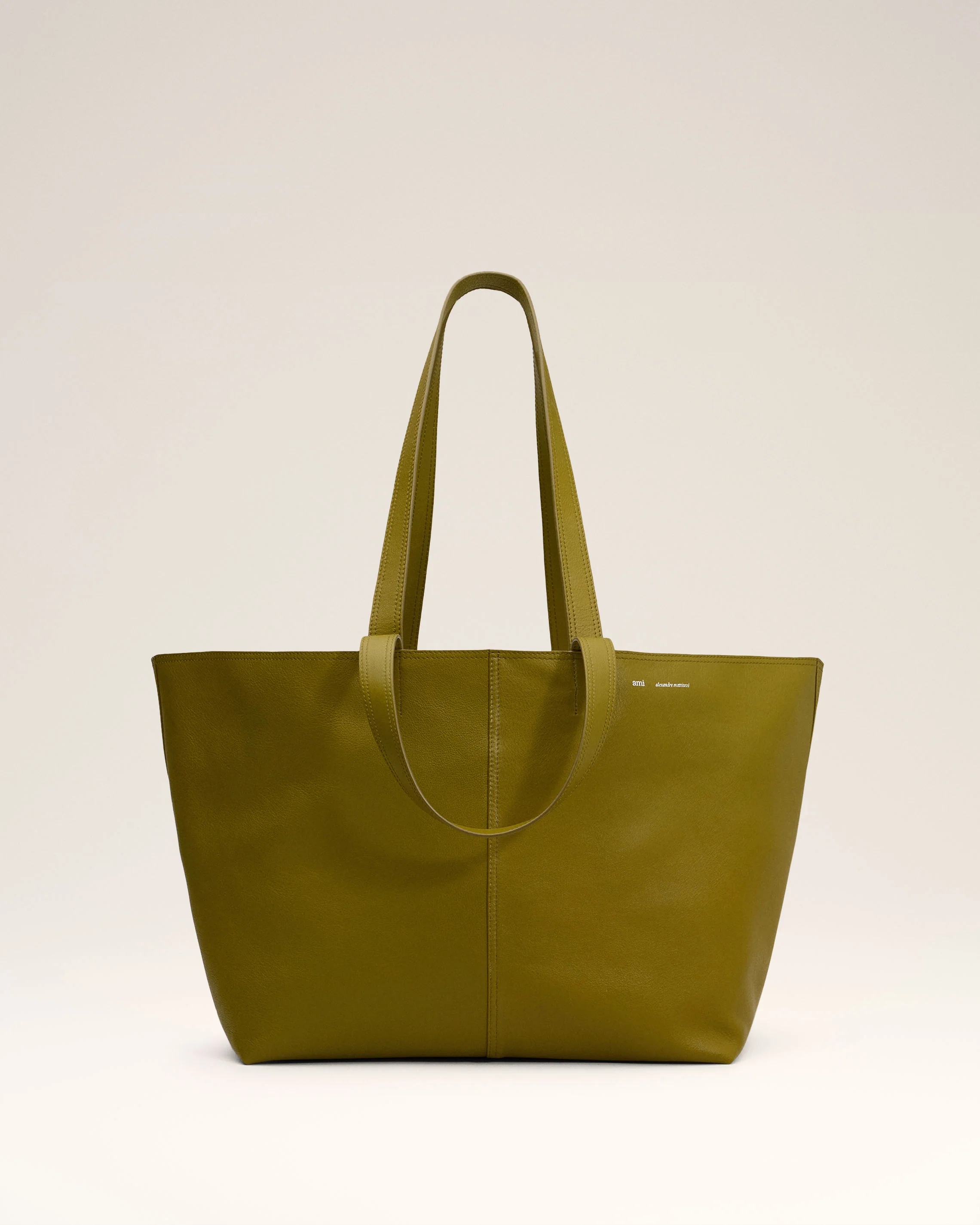 Khaki Leather Midi Tote Bag