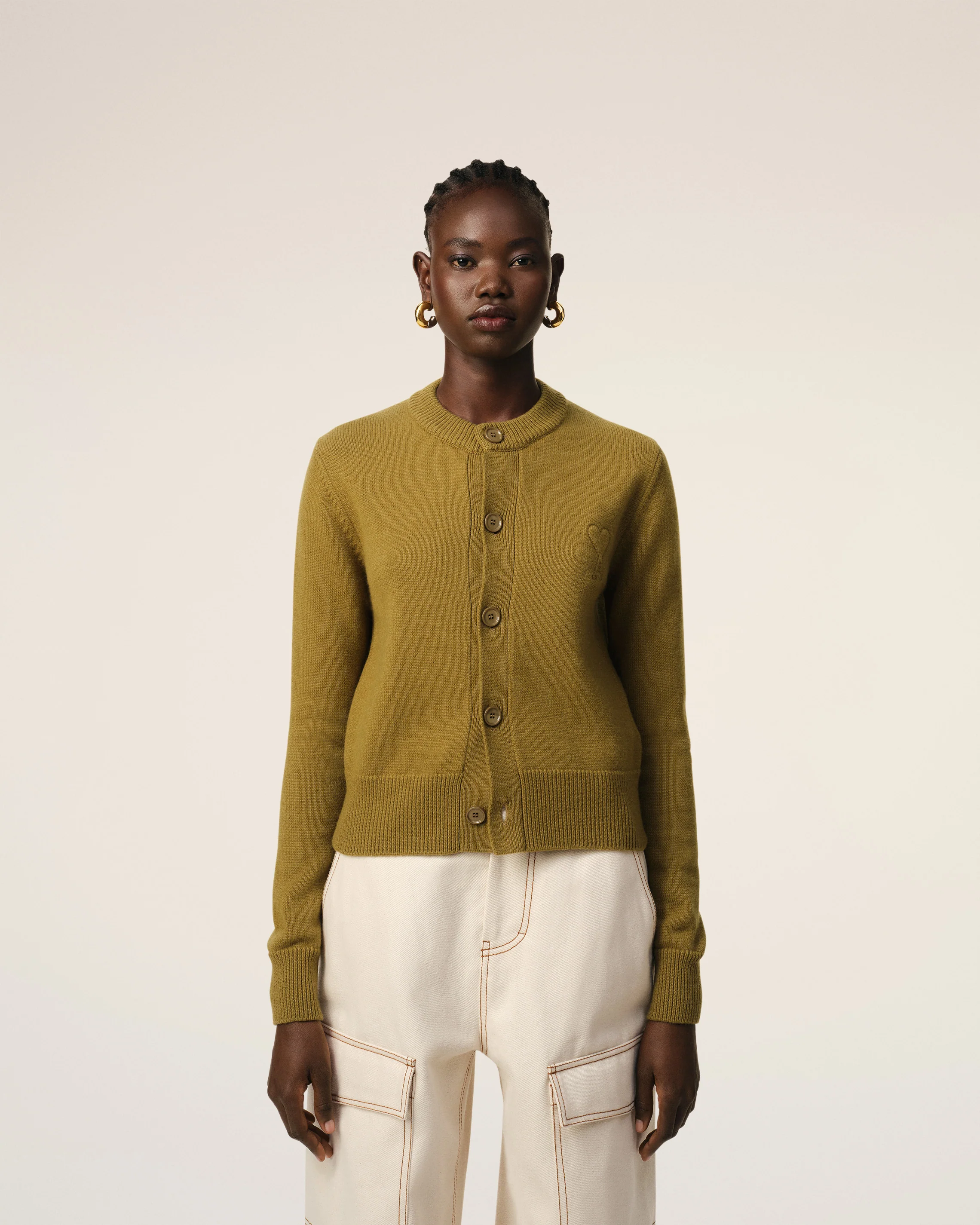 Khaki Wool Knit Ami de Coeur Crewneck Cardigan