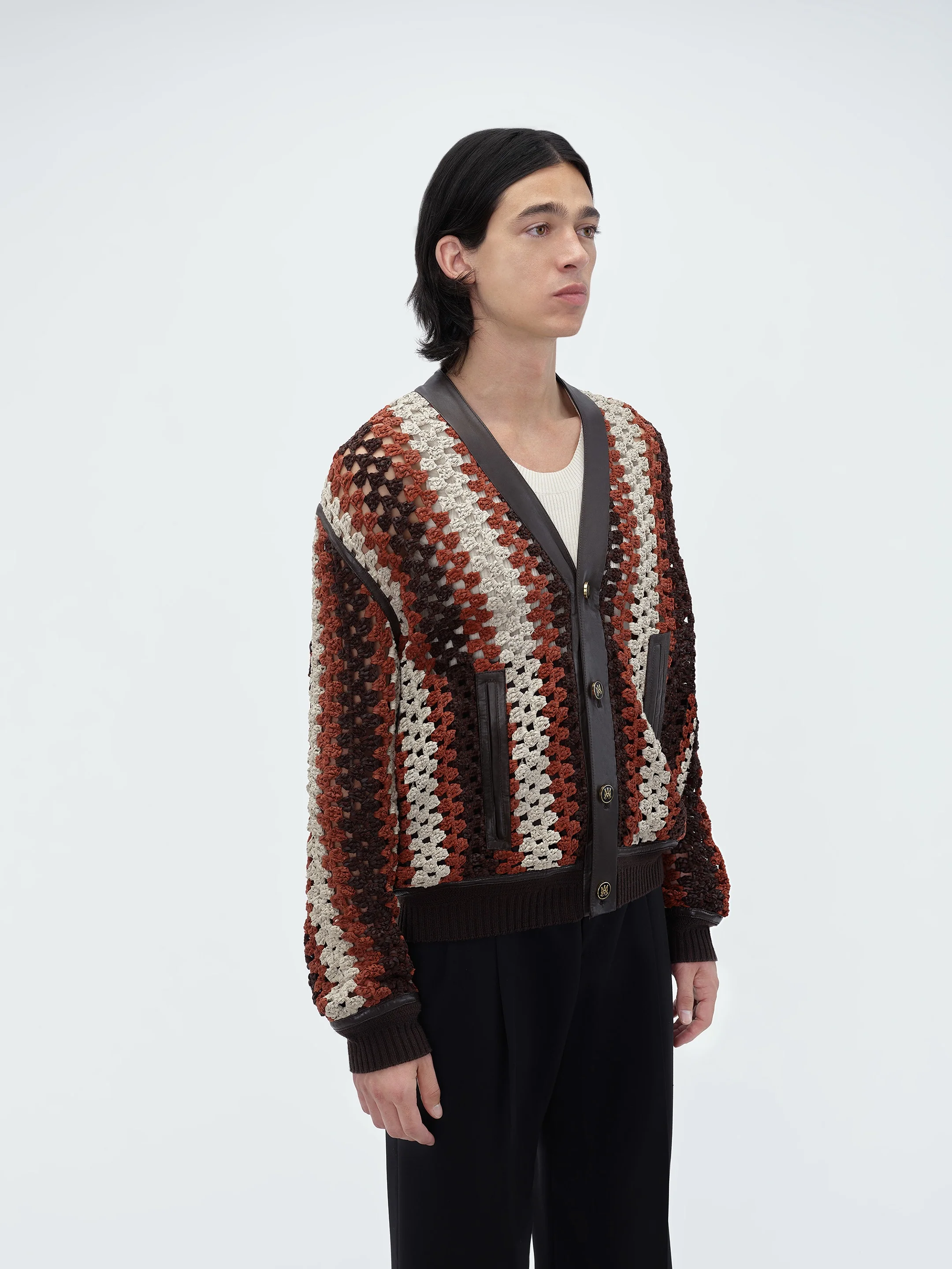 CROCHET KNIT LEATHER CARDIGAN - Shaved Chocolate