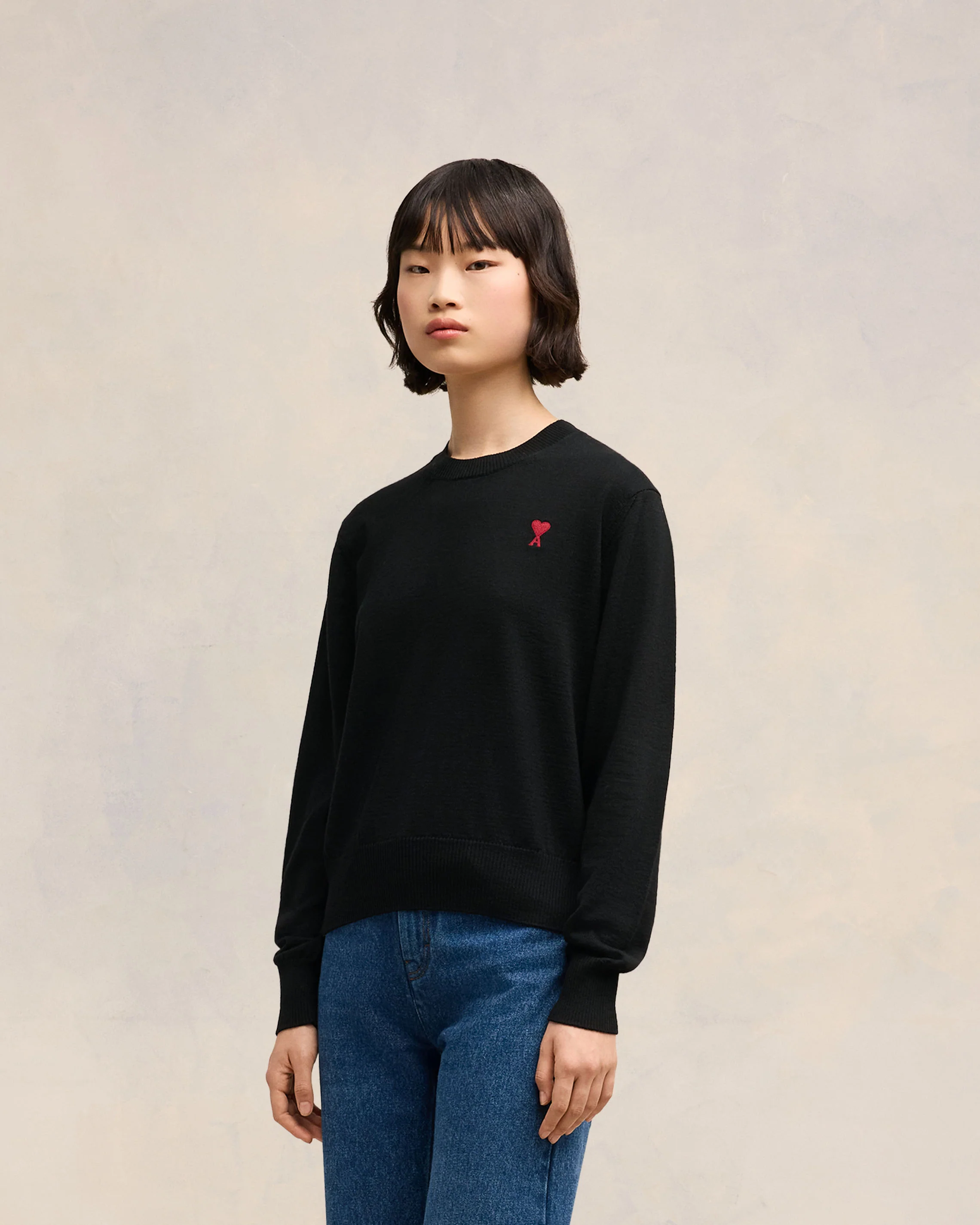 Black Wool Ami de Coeur Crew Neck Sweater