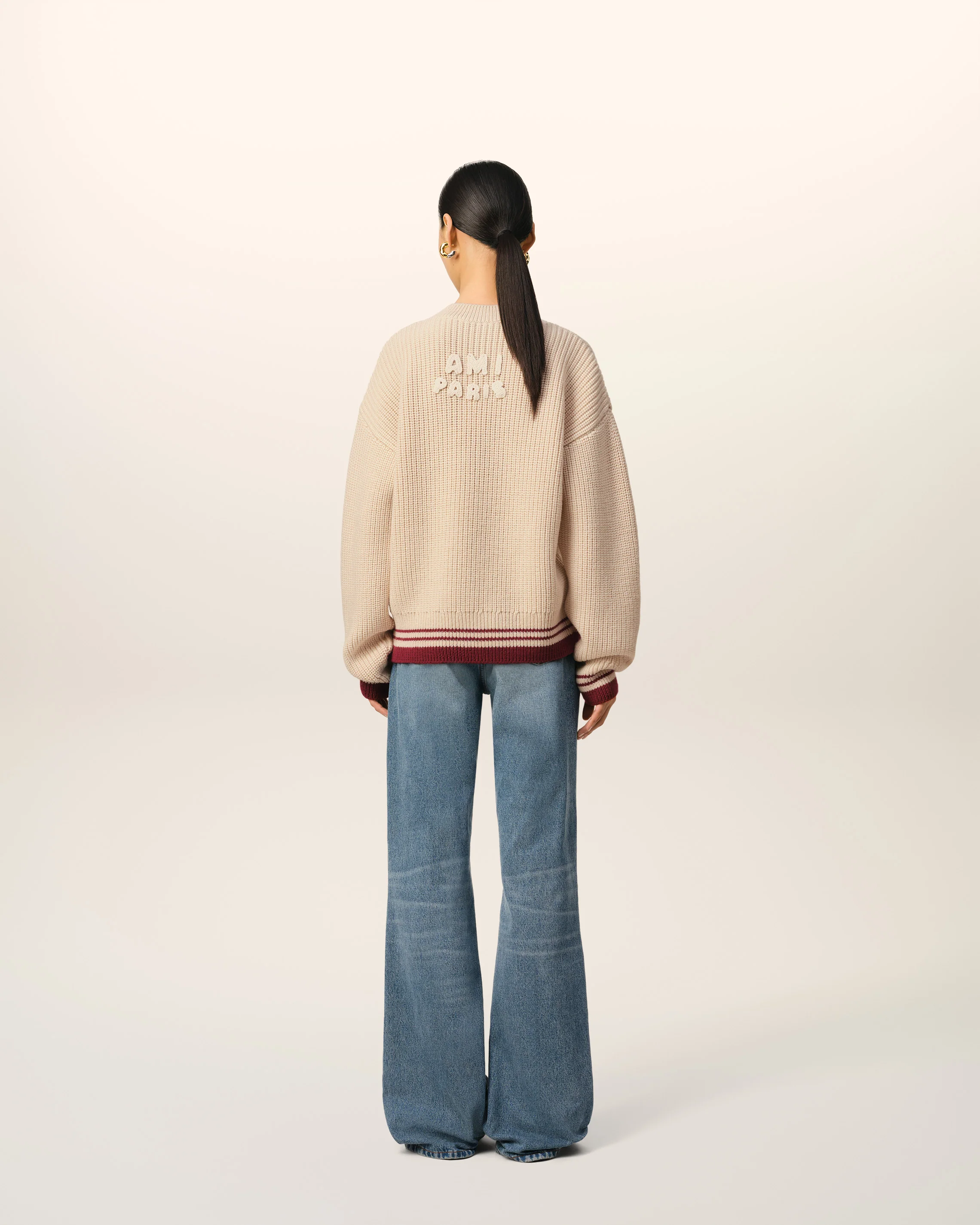 Beige Wool Ribbed V Neck Sweater