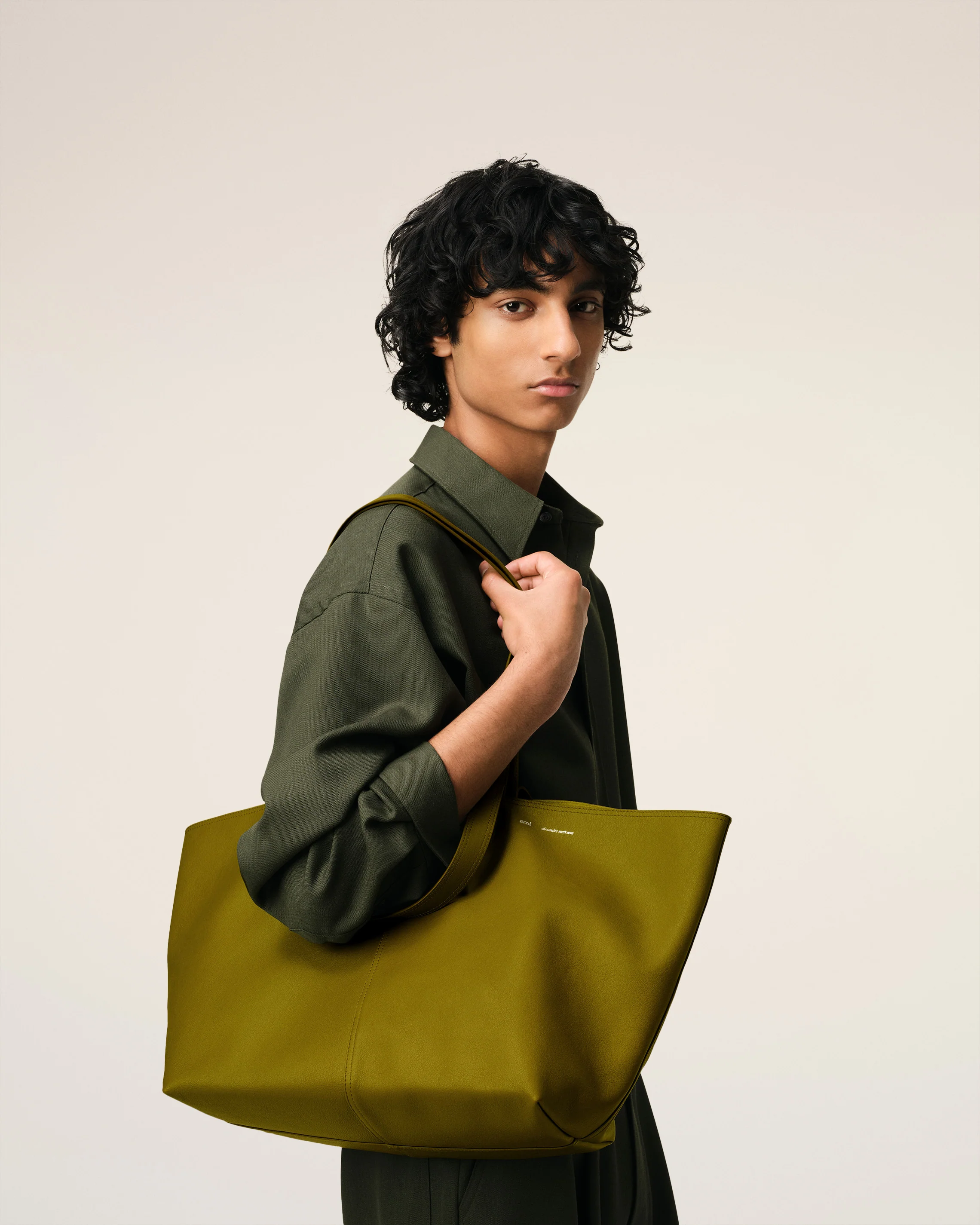 Khaki Leather Midi Tote Bag