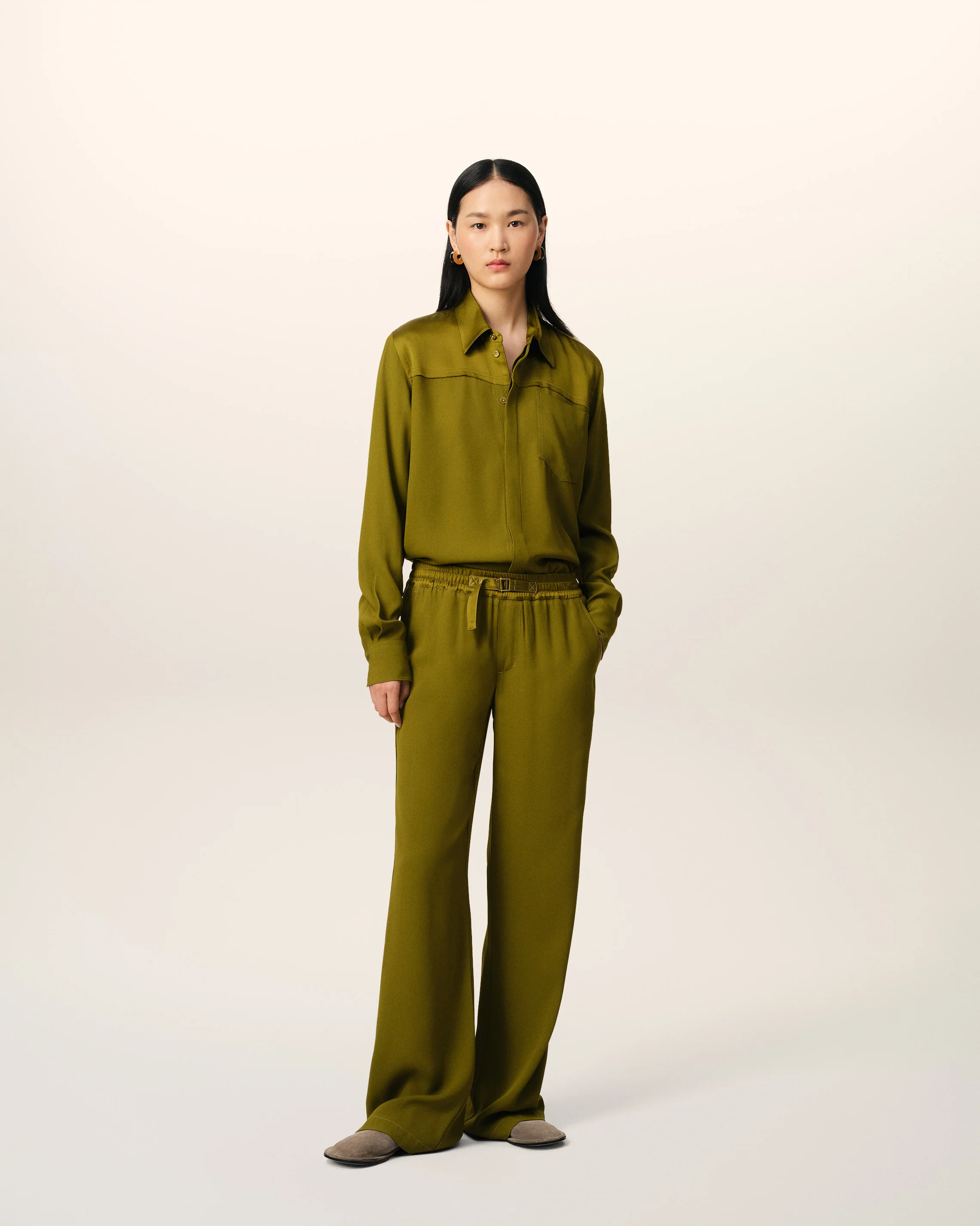 Khaki Flare Fit Elasticated Trousers