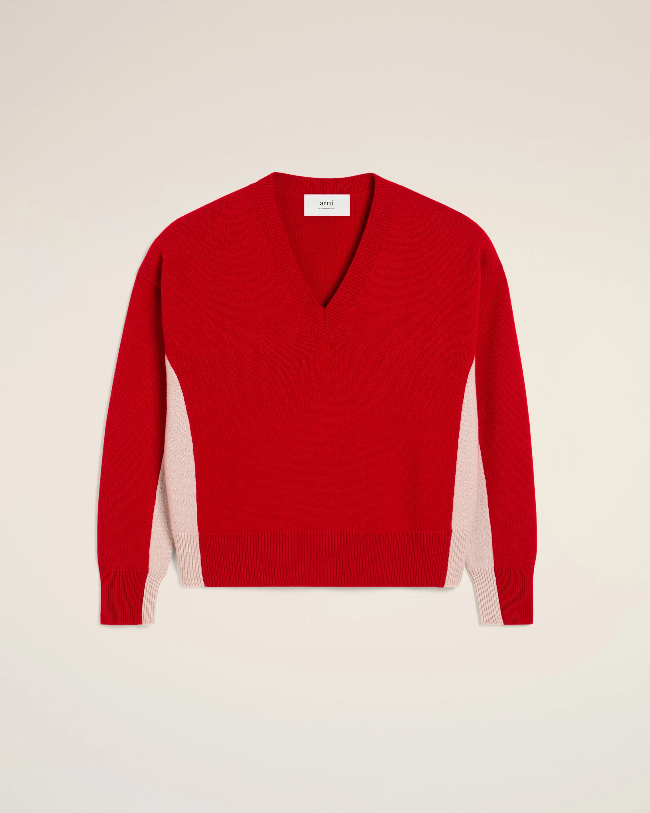 Red Wool Knit Bicolor V Neck Sweater
