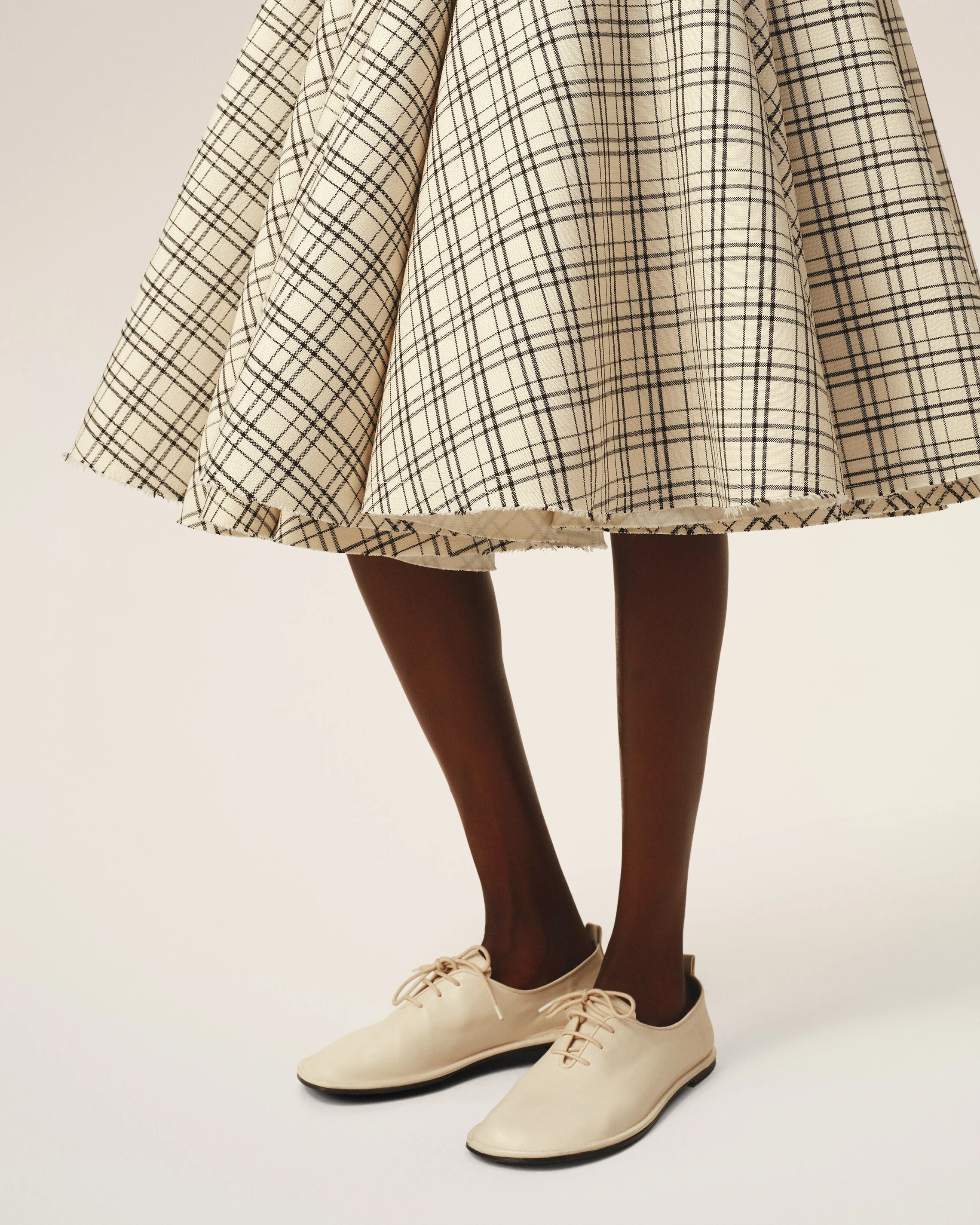 Beige Checked Wool Skirt With Godets