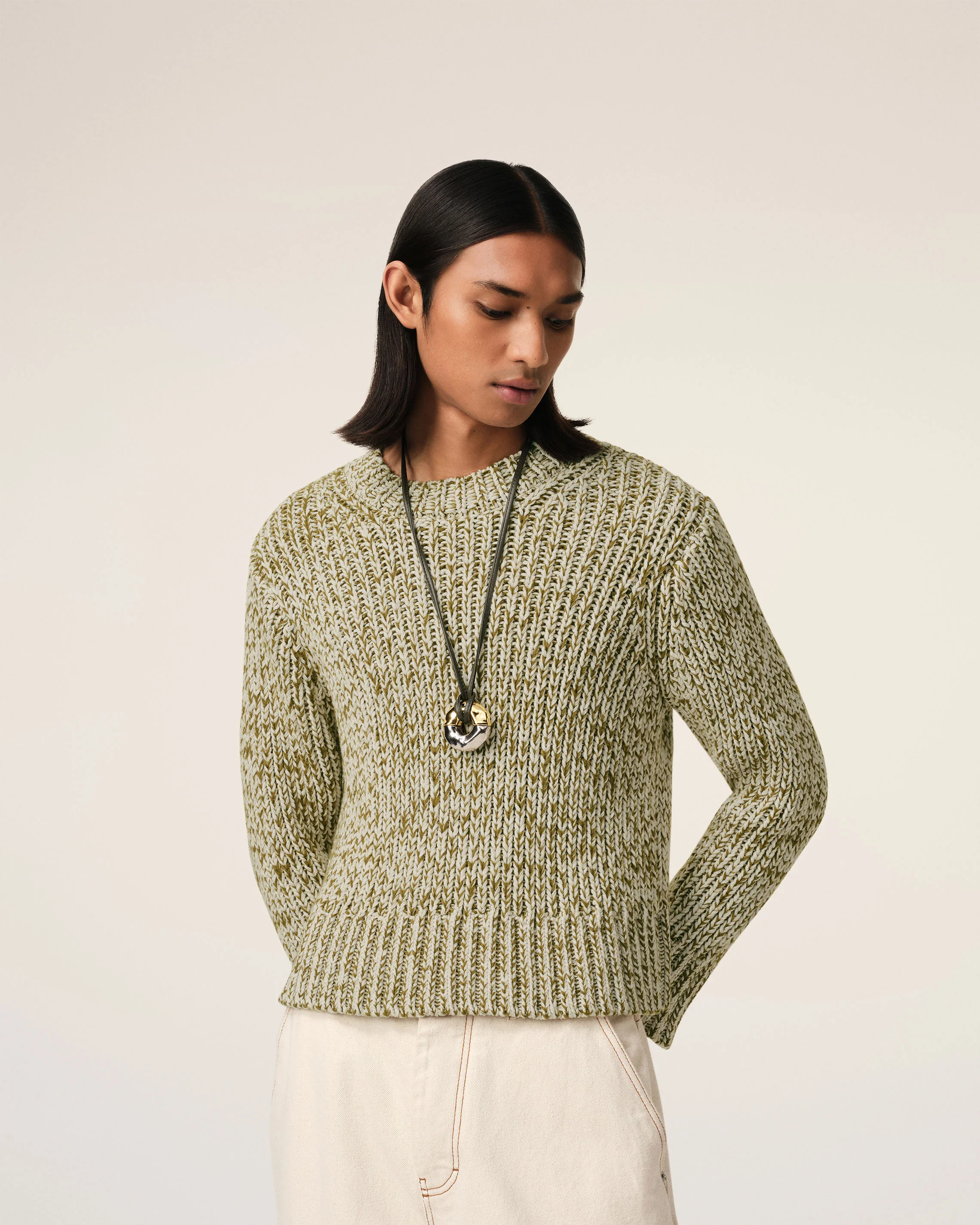 Green Mouliné Textured Knit Crewneck Sweater