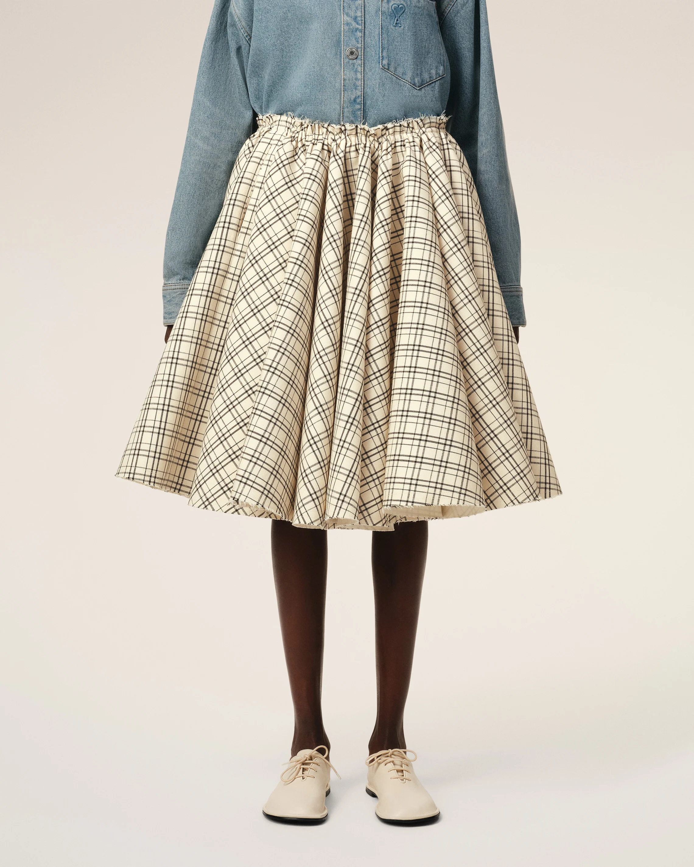 Beige Checked Wool Skirt With Godets